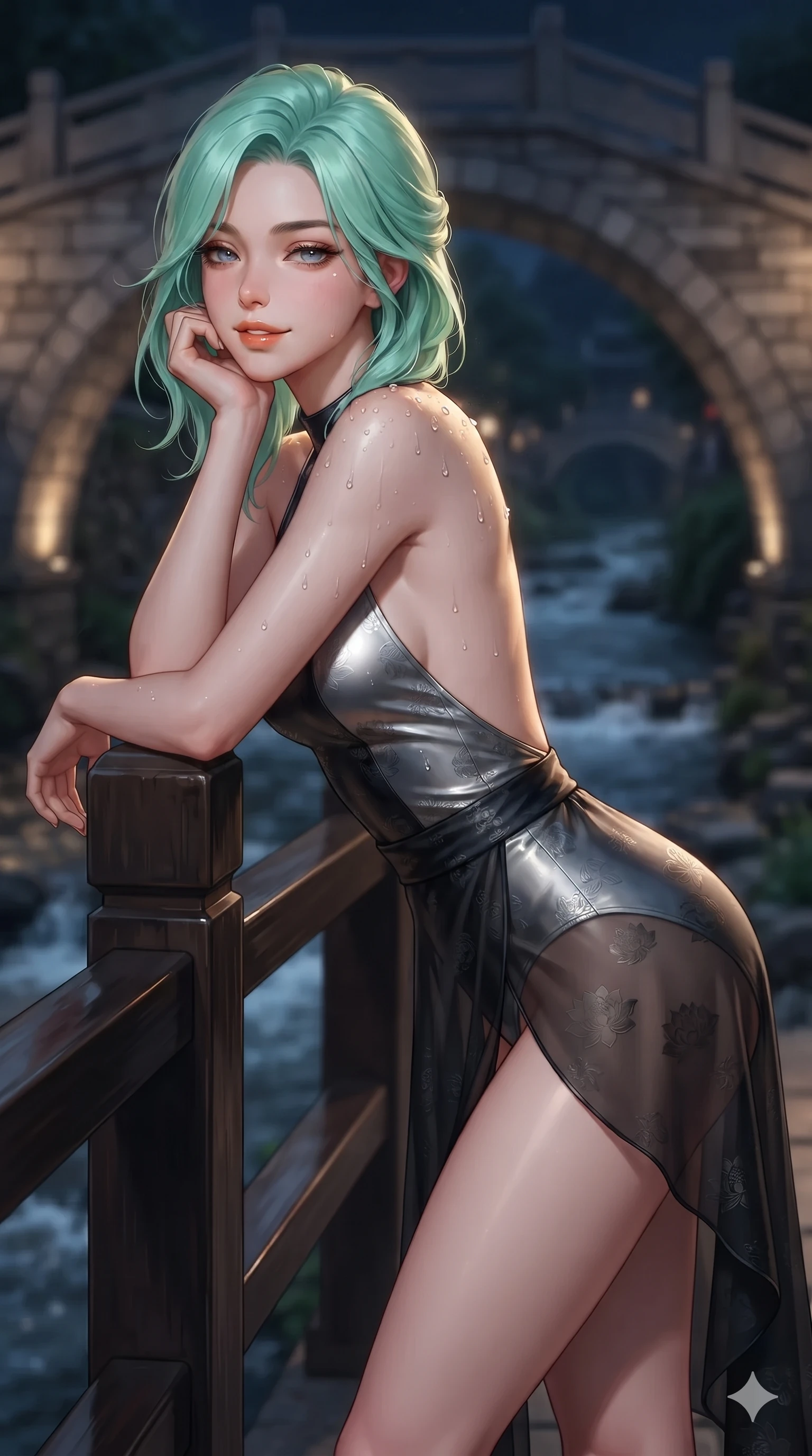score_9, masterpiece, best quality, ultra-detailed, high-budget anime keyframe, editorial fashion photography, tasteful artistic composition, Japanese woman. close-up cowboy shot from the waist and thighs up, the character dominates the composition, filling the frame with her large presence. resting one elbow on the lacquered balustrade and supporting her chin, leaning close to the camera with heavy-lidded sparkling eyes and parted lips while standing poised on the arched granite bridge above the bubbling stream, arching her back with breathless fairy-tale allure. The background shows a soft-focus historic arched stone bridge softened in idyllic nocturnal river shallow focus. She has an exceptionally elegant, slender, and willowy female figure with an ultra-slim waist, flat toned midriff, narrow ribcage, and sculpted feminine hips creating an alluring, slim hourglass silhouette without bulk. sharp v-shaped jawline, high-bridge nose, sparkling eyes with hypnotic seductive depth, thick curled eyelashes, glossy parted lips with a natural dewy peach sheen, alluring bedroom-eyes with an enchanting coquettish smile, exuding magnetic siren charisma and sophisticated glamour, flawlessly proportioned anatomical accuracy, strict slender model proportions, natural body alignment, perfectly sculpted long slender limbs, ultra-slim waistline, clean dynamic posture without body distortion. wearing a liquid-tight backless silk halter leotard styled with a sheer wrap overskirt revealing her hip curve in liquid mercury chrome and deep ink black, tailored from rich silk jacquard with subtle embossed lotus blossom patterns, finished with glistening drops of night dew beading across her sculpted shoulders and flat midriff, the form-fitting cut adhering flawlessly to her sculpted flat midriff and slender torso, emphasizing her long leg lines and perfectly proportioned willowy build. illuminated by stream water bounce and sharp golden-amber rim lights sculpting her razor-sharp jawline, narrow waist, and curvy hips. ultra-reflective glossy finish, specular highlights, rich textural contrasts, high-contrast stereoscopic depth, volumetric dynamic lighting, 2k, ultra detail, master piece, 9:16 ratio