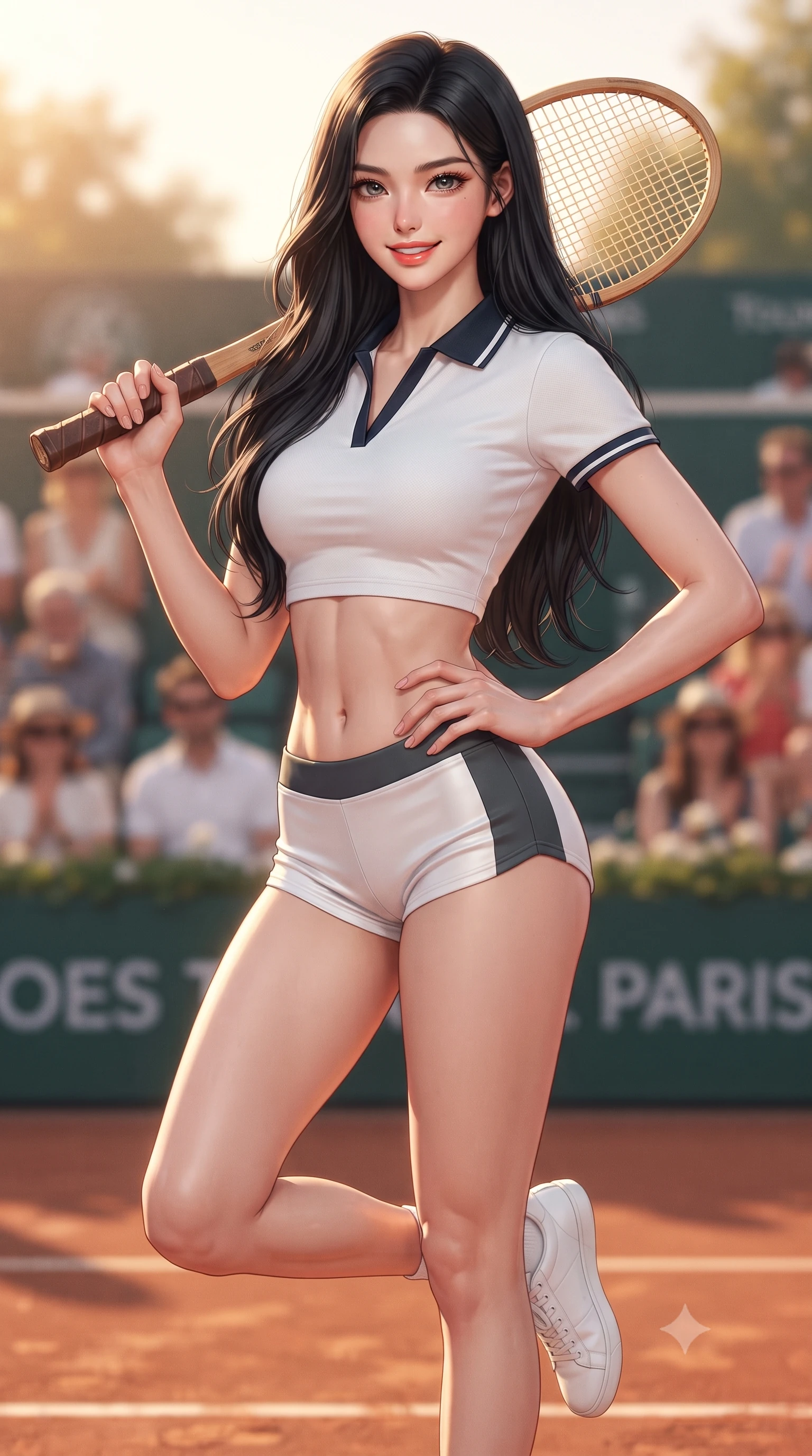 score_9, masterpiece, best quality, ultra-detailed, high-budget anime keyframe, editorial fashion photography, tasteful artistic composition, Korean woman. close-up cowboy shot from the waist and thighs up, the character dominates the composition, filling the frame with her large presence. twisting her slender torso in an alluring contrapposto stance, one hand resting on her sculpted hip while holding a tennis racket with effortless poise while twisting her slender torso in an alluring contrapposto stance, holding a classic racket while warm Paris afternoon breezes flutter her skirt. The background shows a soft-focus chic French spectators and tournament banners softened in romantic Parisian tennis shallow focus. She has an exceptionally elegant, slender, and willowy female figure with an ultra-slim waist, flat toned midriff, narrow ribcage, and sculpted feminine hips creating an alluring, slim hourglass silhouette without bulk. sharp v-shaped jawline, high-bridge nose, sparkling eyes with athletic focus and depth, thick curled eyelashes, glossy parted lips with a natural coral-peach sheen, bright confident and coquettish smile with alluring bedroom-eyes, exuding both youthful sporty vigor and sovereign high-society glamour, flawlessly proportioned anatomical accuracy, strict slender model proportions, natural body alignment, perfectly sculpted long slender limbs, ultra-slim waistline, clean dynamic posture without body distortion. wearing a sleek piqué-knit tennis polo crop top with contrasting collar piping paired with low-rise white racing hot-pants in speedway charcoal slate and optic white accents, crafted from supple buttery lambskin racing leather with a satin sheen, featuring a vintage wooden tennis racket held casually over one shoulder, the form-contouring athletic cut accentuating her sculpted flat midriff, narrow delicate ribcage, and gracefully curvy hips with supermodel precision. illuminated by terracotta ground bounce fill and sharp warm-gold rim lighting defining her razor-sharp jawline, narrow waist, and curvy hips. ultra-reflective glossy finish, specular highlights, rich textural contrasts, high-contrast stereoscopic depth, volumetric dynamic lighting, 2k, ultra detail, master piece, 9:16 ratio