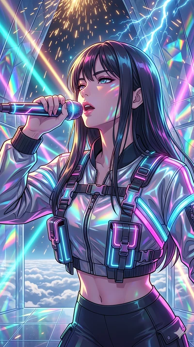 score_9, masterpiece, best quality, ultra-detailed, high-budget anime movie keyframe, cinematic anime lighting, intricate line art, Japanese woman. Upper body filling screen focusing on her alluring features and slim-fit silhouette. singing on a lase