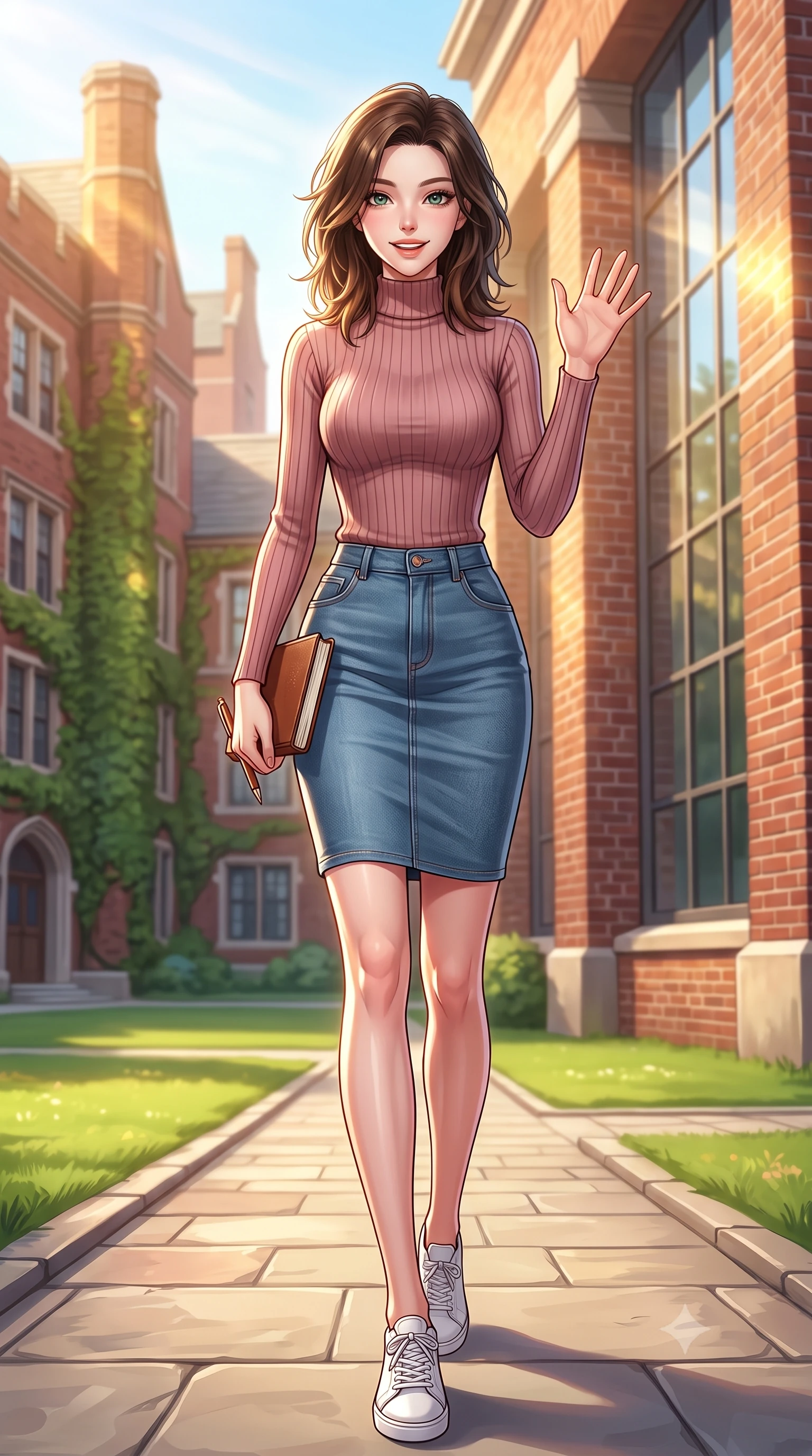 score_9, masterpiece, best quality, ultra-detailed, high-budget anime keyframe, editorial fashion photography, tasteful artistic composition, Korean woman. low angle full-body shot from head to toe showing her feet, filling the entire 9:16 vertical frame with her statuesque presence, stretching her vertical silhouette. stepping forward with a bright, cheerful smile, waving happily at the viewer set against a soft-focus background of on a sun-drenched university campus quad surrounded by historic red-brick lecture halls holding a leather-bound journal and a matching pen. She has an absolutely perfect, statuesque 8.5-heads proportion, an exceptionally tall and slender model-like female figure with impossibly long slender legs and an ultra-slim waist. sharp v-shaped jawline, high-bridge nose, intricate jewel-like eyes with depth, thick eyelashes, glossy lips with a natural sheen. wearing body-hugging form-fitting ribbed knit turtleneck in dusty rose, tucked into a slim denim pencil skirt. warm golden sunbeams reflecting off the red-brick walls and glass windows. highly saturated vibrant anime colors, detailed shading with soft gradients, rich glossy textures, high-contrast stereoscopic depth, volumetric dynamic lighting, master piece, 9:16 ratio
