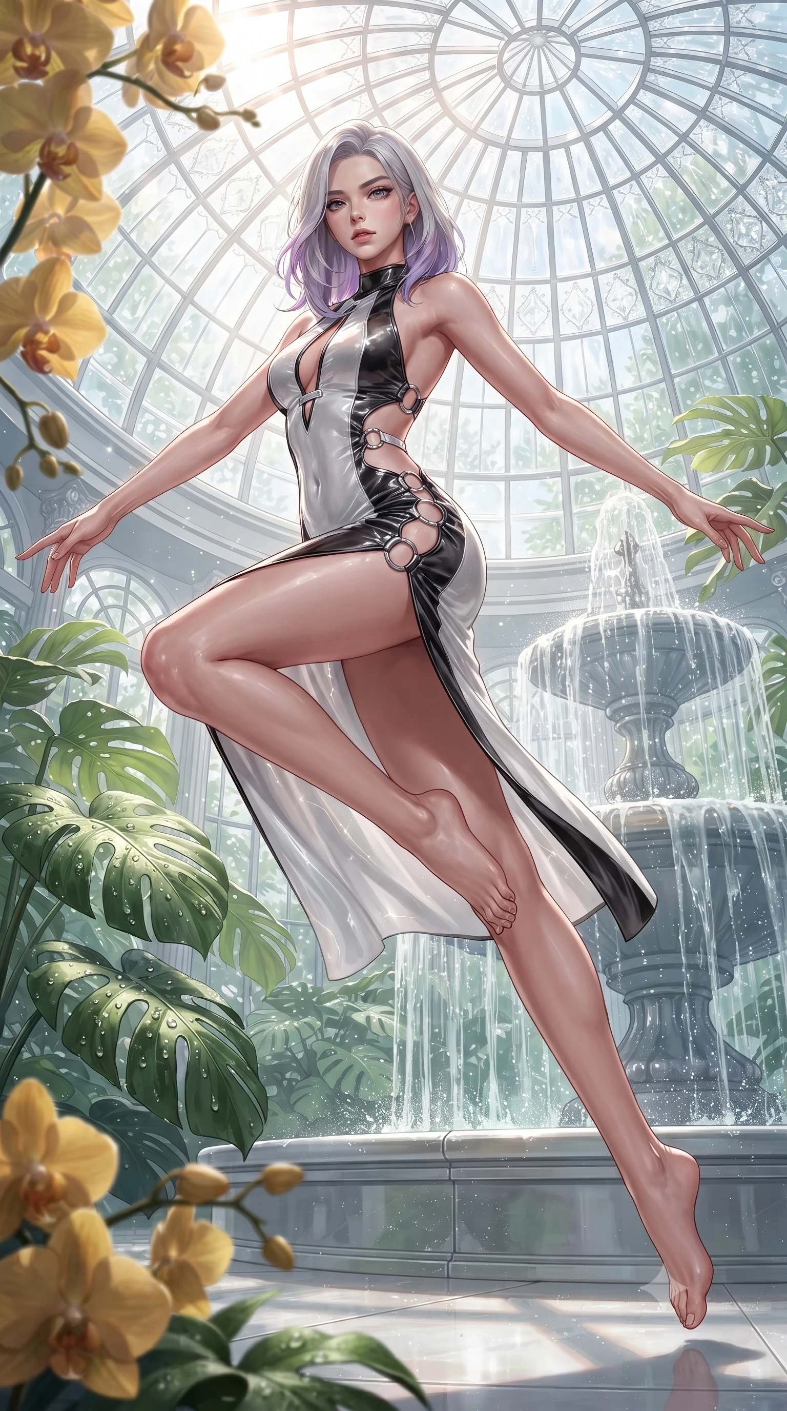 score_9, masterpiece, best quality, ultra-detailed, high-budget anime keyframe, editorial fashion photography, tasteful artistic composition, Caucasian woman. low angle full-body shot from head to toe showing her feet, filling the entire 9:16 vertical frame with her statuesque presence, stretching her vertical silhouette. leaping through mid-air with an athletic yet alluring arch of her spine, her impossibly long slender legs stretched in flawless poise while pivoting dynamically beside a cascading glasshouse fountain catching intense volumetric sunbeams. The surrounding environment is rendered in vivid detail and crisp panoramic clarity. intricate crystal glasshouse dome architecture, dewdrop details on Monstera leaves, and golden orchid petals in deep focus. She has an absolutely perfect, statuesque 8.5-heads proportion, an exceptionally tall and slender model-like female figure with impossibly long slender legs, a toned flat midriff, and an ultra-slim waist. sharp v-shaped jawline, high-bridge nose, intricate jewel-like eyes with depth, thick eyelashes, glossy lips with a natural sheen, flawlessly proportioned anatomical accuracy, strict slender model proportions, natural body alignment, perfectly sculpted long slender limbs, ultra-slim waistline, clean dynamic posture without body distortion. wearing a velvet halter-neck midi dress fitting her statuesque contour flawlessly with a Tasteful chest slit and open spine in high-gloss monochrome white and sharp black contrast, tailored from semi-translucent cybernetic vinyl with glowing micro-filaments, detailed with polished silver rings connecting the daring side-waist cutouts, the sleek second-skin cut tightly hugging her graceful clavicle, narrow waist, and feminine curves with athletic precision. surrounded by a bright, pristine, and captivatingly fresh botanical sanctuary atmosphere. ultra-reflective glossy finish, specular highlights, metallic sheen, high-contrast stereoscopic depth, volumetric dynamic lighting, 2k, ultra detail, master piece, 9:16 ratio