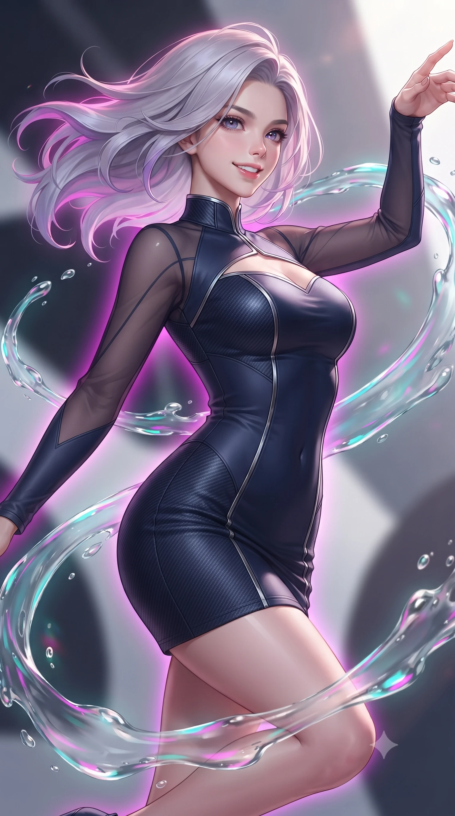 score_9, masterpiece, best quality, ultra-detailed, high-budget anime keyframe, editorial fashion photography, tasteful artistic composition, Caucasian woman. close-up cowboy shot from the waist and thighs up, the character dominates the composition, filling the frame with her large presence, background elements kept in soft focus. Extending one arm in an elegant stretch toward the light while smiling with magnetic self-assurance while pivoting gracefully mid-air as multi-color light refraction trails follow her movement, viscous opal liquid trails swirling around her silhouette in fluid zero-gravity arcs. She has an exceptionally elegant, slender, and willowy female figure with an ultra-slim waist, a gracefully sculpted slender torso, and a refined silhouette. sharp v-shaped jawline, high-bridge nose, intricate jewel-like eyes with depth, thick eyelashes, glossy lips with a natural sheen, flawlessly proportioned anatomical accuracy, natural body alignment, perfectly sculpted elegant limbs, clean dynamic posture without body distortion. wearing a sleek bodycon knit dress with strategic sheer organza sleeve panels in midnight navy blue and chrome trim, made of fine carbon-fiber weave and soft matte leather, accented with a Tasteful chest slit framing her clavicle gracefully, the glove-like fit emphasizing her statuesque silhouette during motion. surrounded by a radiant aura of neon magenta and turquoise fluid highlights. ultra-reflective glossy finish, specular highlights, metallic sheen, high-contrast stereoscopic depth, volumetric dynamic lighting, 2k, ultra detail, master piece, 9:16 ratio