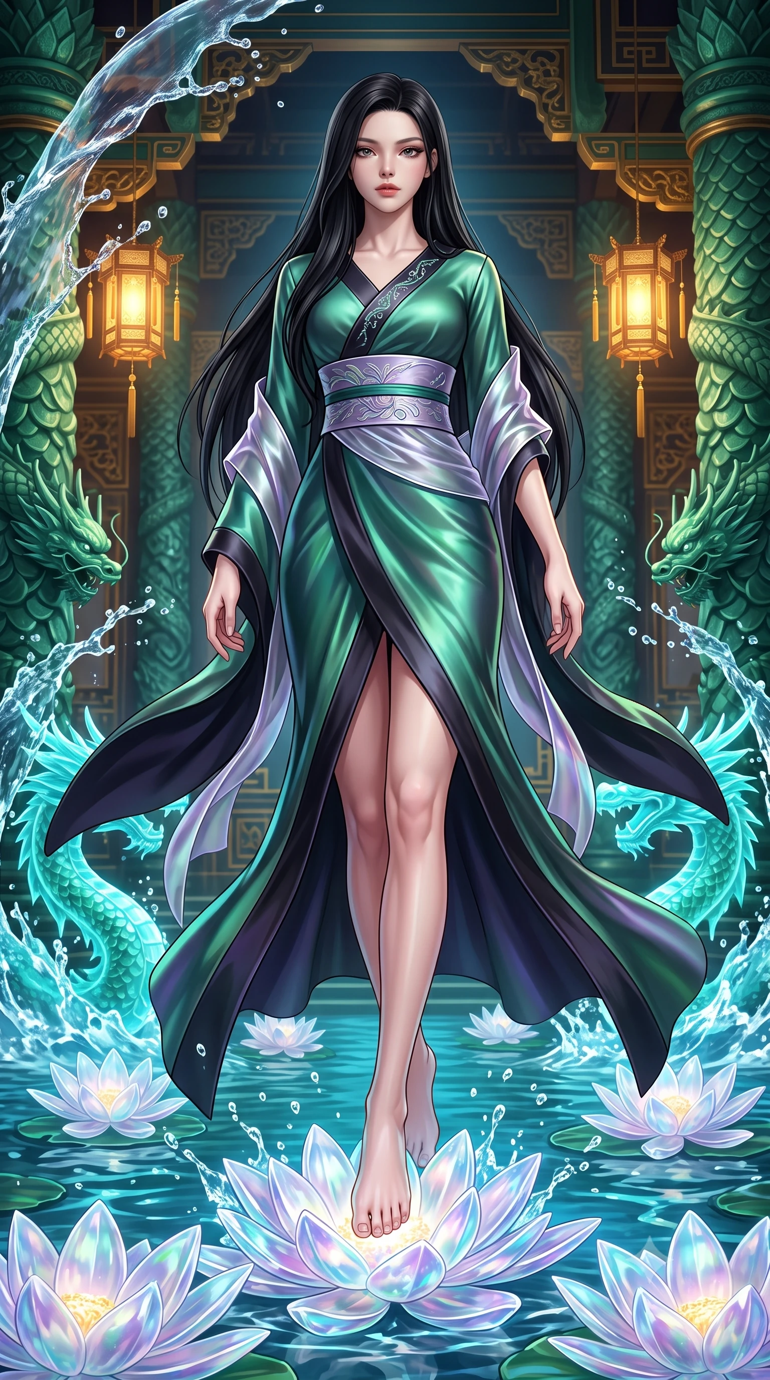 score_9, masterpiece, best quality, ultra-detailed, high-budget anime keyframe, semi-realistic 3D game render, editorial fashion photography, tasteful artistic composition, Korean woman. low angle full-body shot from head to toe showing her feet, filling the entire 9:16 vertical frame with her statuesque presence, stretching her vertical silhouette. stepping forward gracefully in mid-motion, displaying her toned flat midriff and flawlessly sculpted slender limbs while stepping lightly across floating crystal water lilies that chime with soft musical tones under her feet. The surrounding environment is rendered in vivid detail and crisp panoramic clarity. sharp carved jade dragon scale textures, crystalline water splash crests, and gold palace inlay in deep focus. She has an absolutely perfect, statuesque 8.5-heads proportion, an exceptionally tall and slender model-like female figure with impossibly long slender legs, a toned flat midriff, and an ultra-slim waist. sharp v-shaped jawline, high-bridge nose, intricate jewel-like eyes with depth, thick eyelashes, glossy lips with a natural sheen, captivating and magnetic expression, flawlessly proportioned anatomical accuracy, strict slender model proportions, natural body alignment, perfectly sculpted long slender limbs, ultra-slim waistline, clean dynamic posture without body distortion. wearing a traditional-modern silk fusion wrap dress with asymmetric trailing sleeves and waist-cinching obi in jade green and dark obsidian, made of semi-translucent iridescent organza shifting between silver and violet, finished with a wide embroidered waist band emphasizing her slender midriff, the sleek tailored cut tightly hugging her graceful clavicle, narrow waist, and feminine curves with statuesque precision. bathed in luminous cyan dragon spring uplights and warm imperial gold lantern downlights. highly saturated vibrant anime colors, detailed shading with soft gradients, rich glossy textures, high-contrast stereoscopic depth, volumetric dynamic lighting, master piece, 9:16 ratio