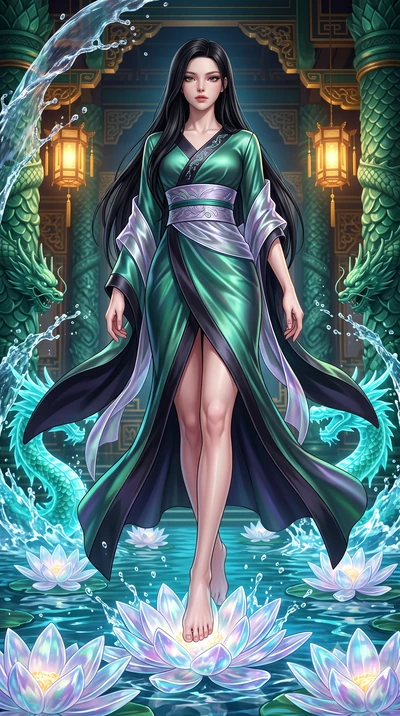 score_9, masterpiece, best quality, ultra-detailed, high-budget anime keyframe, semi-realistic 3D game render, editorial fashion photography, tasteful artistic composition, Korean woman. low angle full-body shot from head to toe showing her feet, fil
