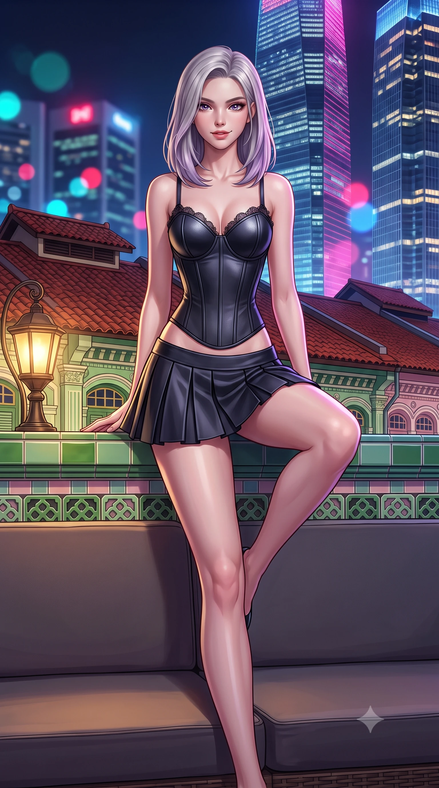 score_9, masterpiece, best quality, ultra-detailed, high-budget anime keyframe, semi-realistic 3D game render, editorial fashion photography, tasteful artistic composition, Caucasian woman. close-up cowboy shot from the waist and thighs up, the character dominates the composition, filling the frame with her large presence. perched sideways on the lounge seat, one knee drawn up to showcase her slender leg line while her arched back accentuates her feminine hip curve while standing poised on the restored terracotta tile rooftop of the historic Peranakan shophouse, arching her spine with femme-fatale poise as ultra-modern glass skyscrapers tower all around. The background shows a soft-focus vivid green and pastel glazed Peranakan tiles, historic shophouse rooflines contrasted with soaring illuminated CBD skyscrapers, blurred into jade, ruby, and sapphire bokeh. She has an exceptionally elegant, slender, and willowy female figure with an ultra-slim waist, flat toned midriff, narrow ribcage, and sculpted feminine hips creating an alluring, slim hourglass silhouette without bulk. sharp v-shaped jawline, high-bridge nose, intricate jewel-like sparkling eyes with depth, thick eyelashes, glossy parted lips with a natural peach sheen, bright cheerful beaming smile with an enchanting and coquettish sensual glint, exuding both youthful cute charm and seductive allure, flawlessly proportioned anatomical accuracy, strict slender model proportions, natural body alignment, perfectly sculpted long slender limbs, ultra-slim waistline, clean dynamic posture without body distortion. wearing a structured boned corset top paired with an ultra-short low-rise pleated micro mini skirt in Joshua Tree Mojave obsidian and starlight platinum, woven from buttery-soft stretch lambskin leather adhering to her body like a second skin, finished with scalloped eyelash lace trim framing her sweetheart neckline with intimate elegance, the form-contouring silhouette accentuating her sculpted flat midriff, narrow delicate ribcage, and gracefully curvy hips with intoxicating allure. bathed in the warm golden 2300K glow of vintage brass lamps mixed with electric magenta and sapphire city skyscraper reflections. highly saturated vibrant anime colors, detailed shading with soft gradients, rich glossy textures, high-contrast stereoscopic depth, volumetric dynamic lighting, master piece, 9:16 ratio