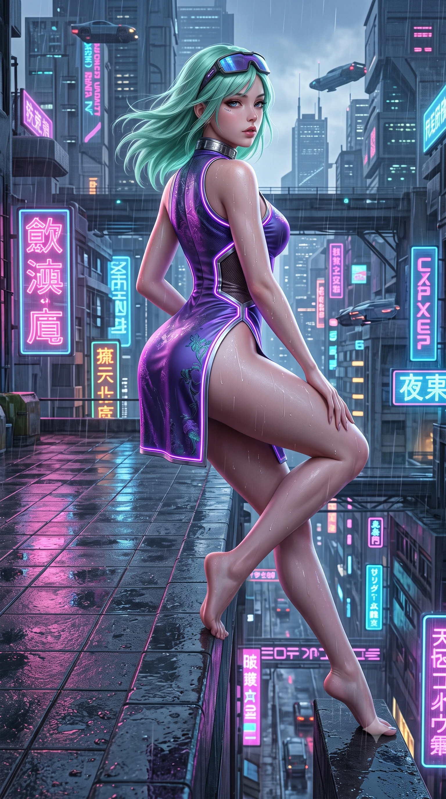 score_9, masterpiece, best quality, ultra-detailed, high-budget anime keyframe, semi-realistic 3D game render, editorial fashion photography, tasteful artistic composition, Japanese woman. low angle full-body shot from head to toe showing her feet, filling the entire 9:16 vertical frame with her statuesque presence, stretching her vertical silhouette. sitting perched on the elevated edge with hips angled toward the camera and legs crossed, displaying her toned midriff and flawlessly sculpted slender limbs while crouching low on the wet tiled rooftop terrace with back turned slightly to the lens, glancing back with smoldering bedroom-eyes and parted lips. The surrounding environment is rendered in vivid detail and crisp panoramic clarity. detailed embroidered silk qipao fabric sheen, raindrops on skin, and cyberpunk cityscape in high clarity. She has an absolutely perfect, statuesque 8.5-heads proportion, an exceptionally tall and slender model-like female figure with impossibly long slender legs, a toned flat midriff, an ultra-slim waist, and beautifully sculpted feminine hips. sharp v-shaped jawline, high-bridge nose, intricate jewel-like eyes with depth, thick eyelashes, glossy parted lips with a natural sheen, intensely captivating and seductive bedroom-eyes expression, flawlessly proportioned anatomical accuracy, strict slender model proportions, natural body alignment, perfectly sculpted long slender limbs, ultra-slim waistline, clean dynamic posture without body distortion. wearing a modernized cyber-qipao mini dress with an ultra-high side slit ascending to the hip and glowing LED piping in toxic ultraviolet purple and chrome silver, made of breathable technical athletic mesh and liquid-finish track nylon, accessorized with cyber-visor sunglasses resting on her brow and chunky silver choker, the liquid-tight tailored fabric clinging flawlessly to her narrow waist and rounded feminine hips, emphasizing every millimeter of her sculpted hourglass curves during movement. illuminated by wet specular asphalt bounce lights sharply sculpting her narrow waist and rounded hips. highly saturated vibrant anime colors, detailed shading with soft gradients, rich glossy textures, high-contrast stereoscopic depth, volumetric dynamic lighting, master piece, 9:16 ratio