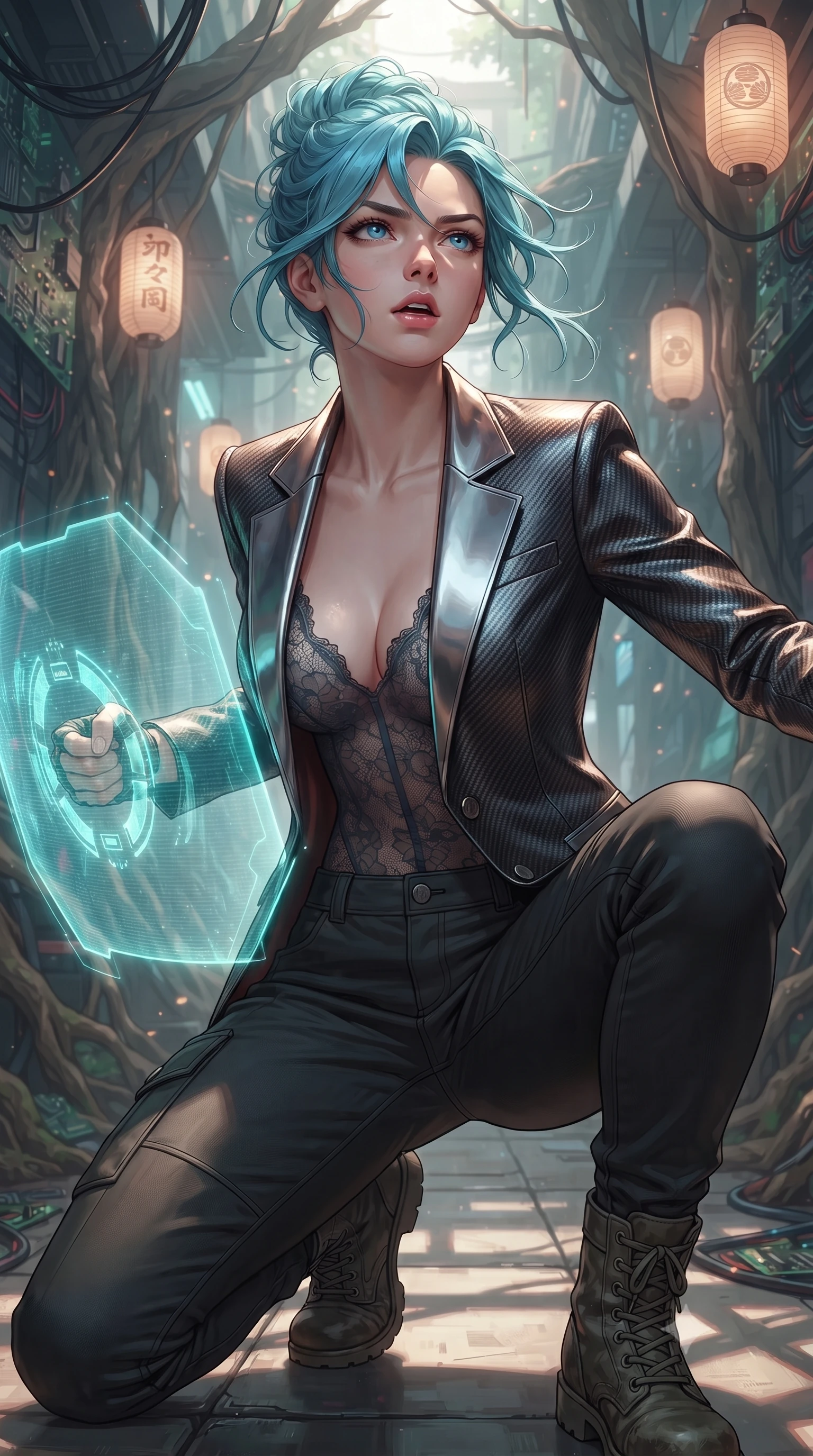 score_9, masterpiece, best quality, ultra-detailed, high-budget anime keyframe, editorial fashion photography, tasteful artistic composition, Japanese woman. close-up cowboy shot from the waist and thighs up, the character dominates the composition, filling the frame with her large presence, background elements kept in soft focus. crouching slightly behind a glowing holographic shield emitter, looking up with defiance and lips slightly parted, the background shows a soft-focus a banyan tree corridor with paper lanterns hanging from thick cyber-roots. She has an exceptionally elegant, slender, and willowy female figure with an ultra-slim waist, a gracefully sculpted slender torso, and a refined silhouette. sharp v-shaped jawline, high-bridge nose, intricate jewel-like eyes with depth, thick eyelashes, glossy lips with a natural sheen. wearing a slim-fit semi-opaque dark lace bodysuit worn under a tailored open carbon-plated blazer and cargo pants. crisp morning sunlight casting sharp, clean shadows across the paper lanterns. ultra-reflective glossy finish, specular highlights, metallic sheen, high-contrast stereoscopic depth, volumetric dynamic lighting, 2k, ultra detail, master piece, 9:16 ratio