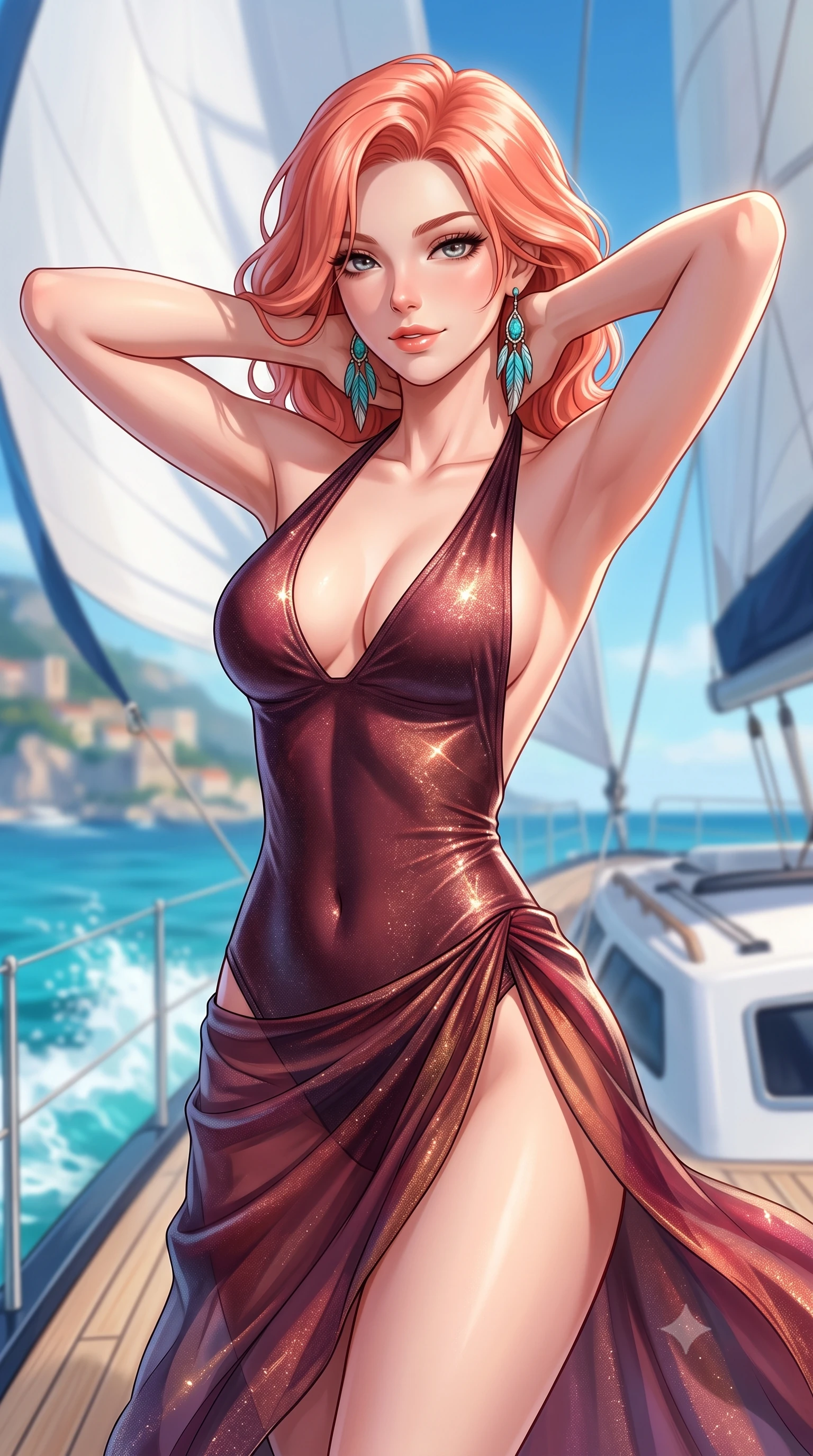 score_9, masterpiece, best quality, ultra-detailed, high-budget anime keyframe, semi-realistic 3D game render, editorial fashion photography, tasteful artistic composition, Japanese woman. close-up cowboy shot from the waist and thighs up, the character dominates the composition, filling the frame with her large presence. resting both hands lightly behind her neck with elbows raised, arching her spine to highlight her narrow waist, flat midriff, and breathtaking collarbones while twisting her slender torso in an alluring S-curve, billowing white spinnaker sail casting soft shadow gradients across her curves. The background shows a soft-focus billowing sails, turquoise bow wave wake, and the distant Monaco palace cliffs blurred into seafoam, cobalt, and amber bokeh. She has an exceptionally elegant, slender, and willowy female figure with an ultra-slim waist, flat toned midriff, narrow ribcage, and sculpted feminine hips creating an alluring, slim hourglass silhouette without bulk. sharp v-shaped jawline, high-bridge nose, sparkling eyes with hypnotic seductive depth, thick curled eyelashes, glossy parted lips with a natural dewy peach sheen, alluring bedroom-eyes with an enchanting coquettish smile, exuding magnetic siren charisma and sophisticated glamour, flawlessly proportioned anatomical accuracy, strict slender model proportions, natural body alignment, perfectly sculpted long slender limbs, ultra-slim waistline, clean dynamic posture without body distortion. wearing a plunging halterneck second-skin maillot swimsuit with deep backless scoop and high-slit chiffon beach wrap in smoky bordeaux wine and gilded copper, woven from stretch metallic lurex jersey casting radiant starlight glints across her silhouette, accented with turquoise and silver bohemian feather earrings swaying near her bare neck, the liquid-tight tailored fabric clinging flawlessly to her narrow waist and rounded feminine hips, emphasizing every millimeter of her sculpted slim hourglass curves without any bulky heaviness. illuminated by sea spray bounce and sharp platinum rim lights defining her delicate clavicles, ultra-slim waist, and curvy hips. highly saturated vibrant anime colors, detailed shading with soft gradients, rich glossy textures, high-contrast stereoscopic depth, volumetric dynamic lighting, master piece, 9:16 ratio