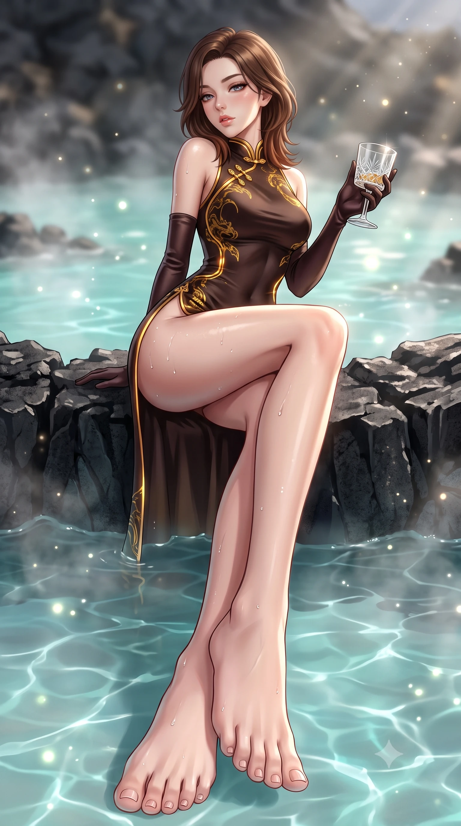 score_9, masterpiece, best quality, ultra-detailed, high-budget anime keyframe, semi-realistic 3D game render, editorial fashion photography, tasteful artistic composition, Korean woman. low angle full-body shot from head to toe showing her feet, filling the entire 9:16 vertical frame with her statuesque presence, stretching her vertical silhouette. sitting perched on the elevated edge with hips angled toward the camera and legs crossed, displaying her toned midriff and flawlessly sculpted slender limbs while sitting on the black basalt rock rim of the steaming geothermal lagoon, water droplets beading on her hip as she glances back with parted lips. The composition keeps background elements in soft focus with creamy bokeh. shimmering silica water caustics and drifting steam particles scattering ethereal glowing light motes. She has an exceptionally tall and slender model-like 8.5-heads proportion, an ultra-slim waist, a flat toned midriff, narrow delicate ribcage, and beautifully sculpted feminine hips creating a graceful, slim hourglass silhouette without any bulky heaviness, with impossibly long slender legs. sharp v-shaped jawline, high-bridge nose, intricate jewel-like eyes with depth, thick eyelashes, glossy parted lips with a natural sheen, intensely captivating and seductive bedroom-eyes expression, flawlessly proportioned anatomical accuracy, strict slender model proportions, natural body alignment, perfectly sculpted long slender limbs, ultra-slim waistline, clean dynamic posture without body distortion. wearing a modernized cyber-qipao mini dress with an ultra-high side slit ascending to the hip and glowing piping in dark espresso brown and molten gold foil, tailored from liquid silk jersey adhering flawlessly to her slender build, accessorized with opera-length satin gloves and a vintage crystal glass, the glove-like aerodynamic silhouette tightly following the natural contour of her hips and long slender legs with statuesque 8.5-heads elegance. illuminated by wet specular highlights accentuating her slender neckline, sculpted waist, and rounded hips. highly saturated vibrant anime colors, detailed shading with soft gradients, rich glossy textures, high-contrast stereoscopic depth, volumetric dynamic lighting, master piece, 9:16 ratio