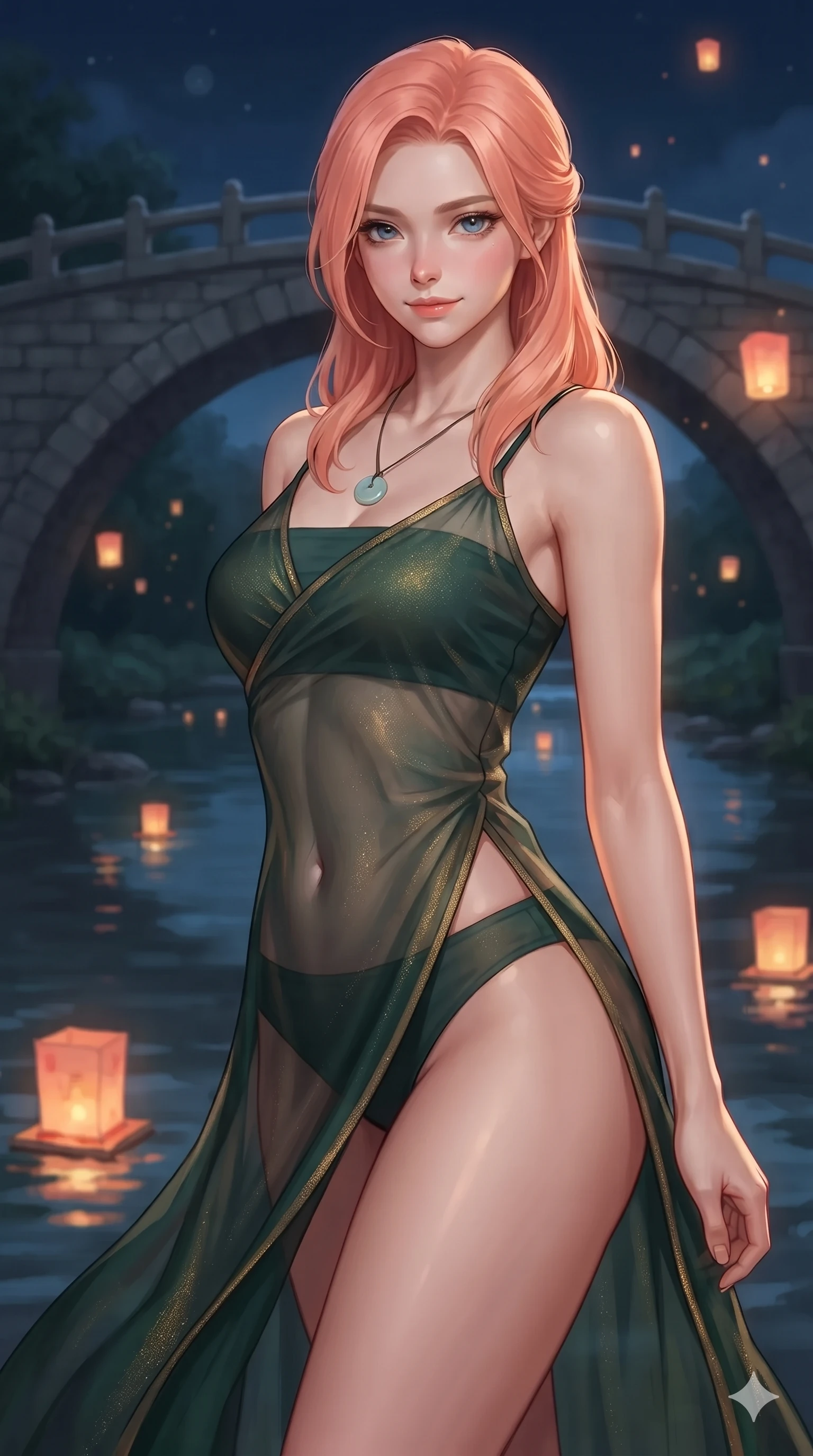 score_9, masterpiece, best quality, ultra-detailed, high-budget anime keyframe, editorial fashion photography, tasteful artistic composition, Japanese woman. close-up cowboy shot from the waist and thighs up, the character dominates the composition, filling the frame with her large presence. smiling with quiet, magnetic self-assurance directly into the camera, her sculpted waistline catching specular moonbeam highlights while twisting her slender torso in an alluring contrapposto stance, floating paper lanterns casting warm coral and gold highlights across her curves. The background shows a soft-focus historic arched stone bridge softened in idyllic nocturnal river shallow focus. She has an exceptionally elegant, slender, and willowy female figure with an ultra-slim waist, flat toned midriff, narrow ribcage, and sculpted feminine hips creating an alluring, slim hourglass silhouette without bulk. sharp v-shaped jawline, high-bridge nose, sparkling eyes with hypnotic seductive depth, thick curled eyelashes, glossy parted lips with a natural dewy peach sheen, alluring bedroom-eyes with an enchanting coquettish smile, exuding magnetic siren charisma and sophisticated glamour, flawlessly proportioned anatomical accuracy, strict slender model proportions, natural body alignment, perfectly sculpted long slender limbs, ultra-slim waistline, clean dynamic posture without body distortion. wearing a delicately layered semi-sheer gossamer nobang hanbok slip dress revealing her sculpted silhouette over an opaque micro-bandeau and briefs in dark emerald forest and brushed antique gold, woven from metallic lurex thread casting radiant starlight glints across her silhouette, finished with a minimalist celadon porcelain pendant on a fine silk cord, the high-slit wrap tailoring accentuating her ultra-slim waistline and the enchanting curve of her feminine hips with alluring seductive charm. bathed in radiant celestial moonlight combined with floating candle lantern glows from the stream. ultra-reflective glossy finish, specular highlights, rich textural contrasts, high-contrast stereoscopic depth, volumetric dynamic lighting, 2k, ultra detail, master piece, 9:16 ratio