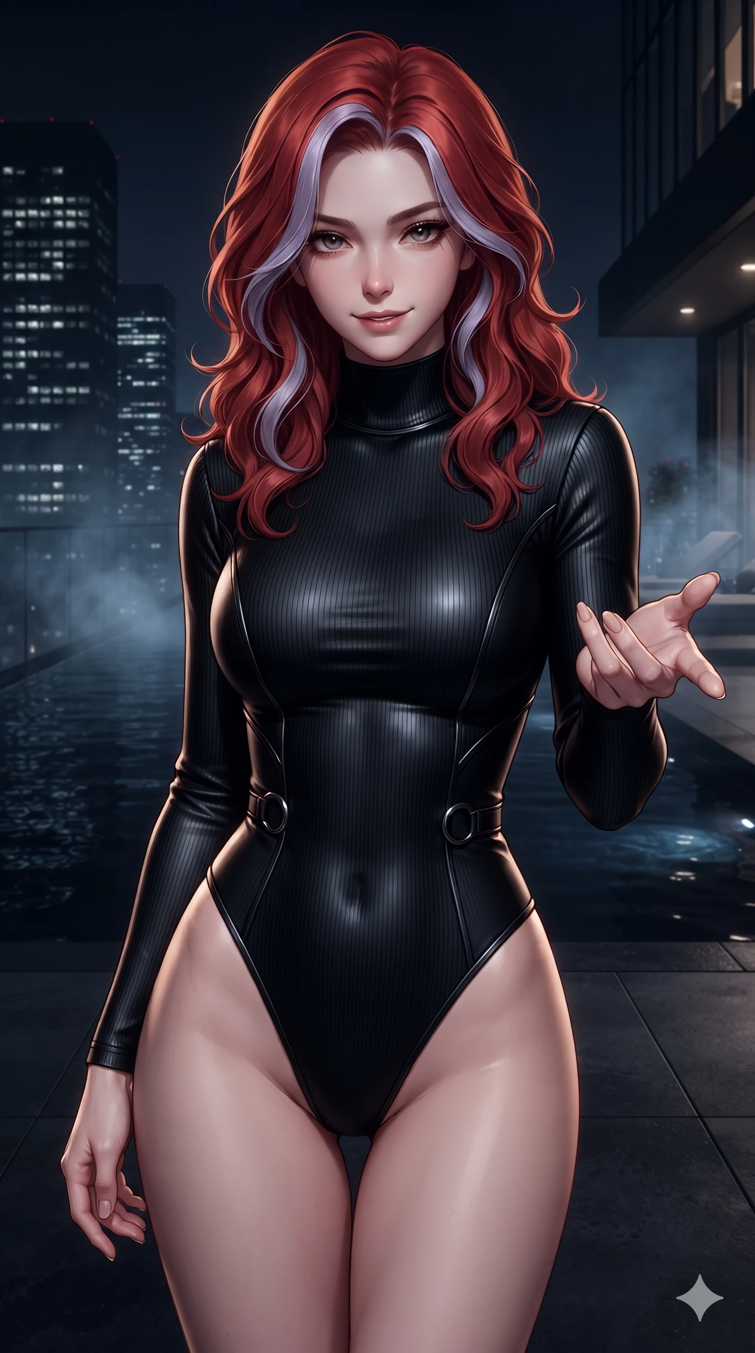 score_9, masterpiece, best quality, ultra-detailed, high-budget anime keyframe, editorial fashion photography, tasteful artistic composition, Caucasian woman. close-up cowboy shot from the waist and thighs up, the character dominates the composition, filling the frame with her large presence. reaching one hand toward the viewer with relaxed dark elegance, her sculpted waistline catching specular highlights while standing beside a dark infinity pool reflecting distant night city skyscrapers, cool night mist drifting gently across the dark rooftop terrace. The surrounding environment is rendered in vivid detail and crisp panoramic clarity: sharp polished basalt coping edges, crystal water surface meniscus clarity, and distant architectural window grids in deep focus. She has an exceptionally elegant, slender, and willowy female figure with an ultra-slim waist, flat toned midriff, narrow ribcage, and sculpted feminine hips creating an alluring, slim hourglass silhouette without bulk. sharp v-shaped jawline, high-bridge nose, intricate jewel-like dark sparkling eyes with hypnotic seductive depth, thick curled eyelashes, glossy parted lips with a natural wine sheen, alluring bedroom-eyes with an enigmatic smoldering smile, exuding magnetic sovereign charisma and dark avant-garde glamour, flawlessly proportioned anatomical accuracy, strict slender model proportions, natural body alignment, perfectly sculpted long slender limbs, ultra-slim waistline, clean dynamic posture without body distortion. wearing a sleek high-neck ribbed activewear bodysuit in matte black in crimson laser red and cold midnight shadow tones, made of supple butter-soft lambskin leather with a subtle satin sheen, trimmed with dark chrome ring hardware along the waist contours, the bespoke structured tailoring following the natural line of her 8.5-heads silhouette with refined elegance. illuminated by dark pool water surface bounce and sharp golden-sapphire rim lights sculpting her razor-sharp jawline, narrow waist, and curvy hips. ultra-reflective glossy finish, specular highlights, metallic sheen, high-contrast stereoscopic depth, volumetric dynamic lighting, 2k, ultra detail, master piece, 9:16 ratio