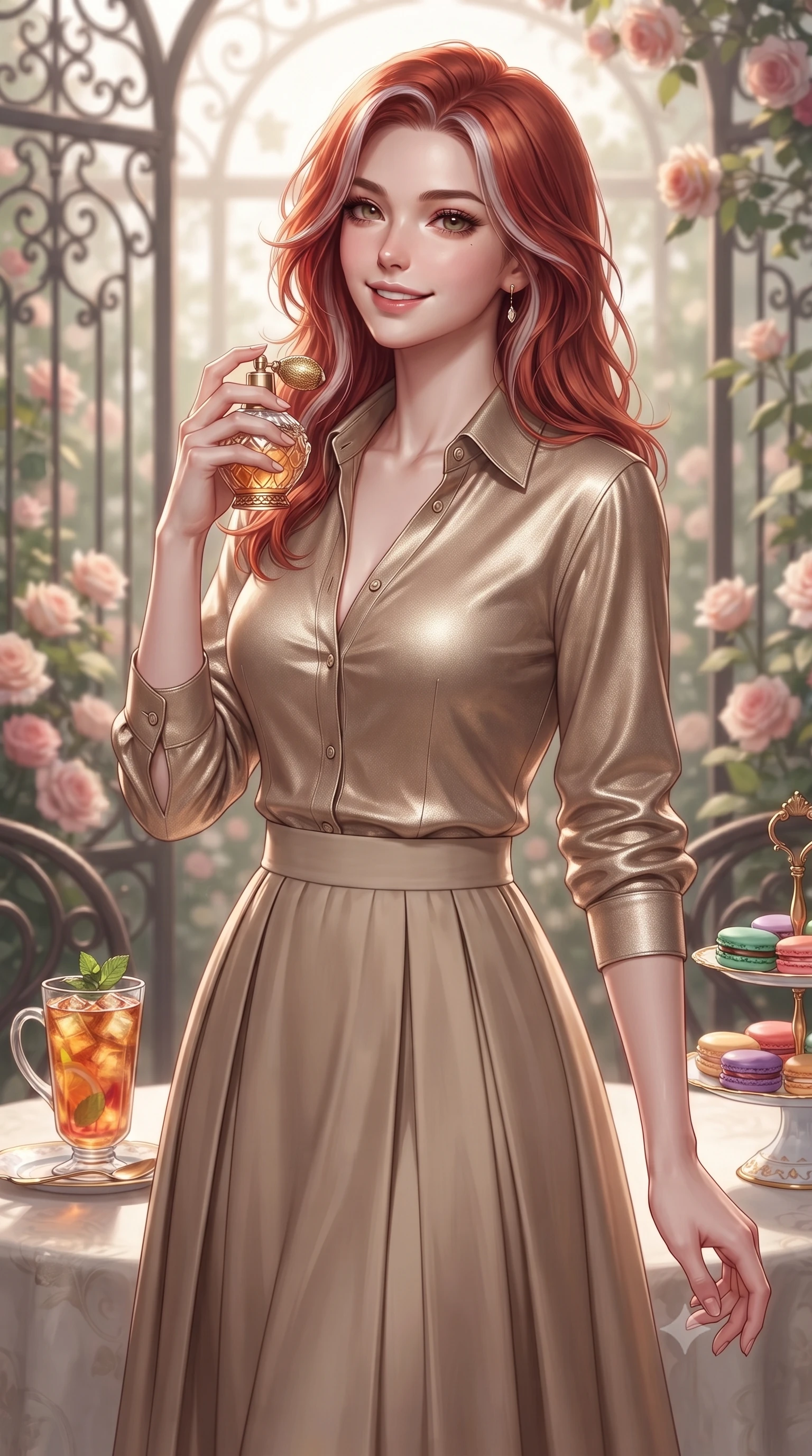 score_9, masterpiece, best quality, ultra-detailed, high-budget anime keyframe, editorial fashion photography, tasteful artistic composition, Caucasian woman. close-up cowboy shot from the waist and thighs up, the character dominates the composition, filling the frame with her large presence, background elements kept in soft focus. holding a vintage perfume bottle to her neck, smiling with quiet magnetic self-assurance set against a soft-focus background of inside an exclusive rose conservatory with a glass of iced fruit tea and delicate macaron pastries arranged on the table. She has an exceptionally elegant, slender, and willowy female figure with an ultra-slim waist, a gracefully sculpted slender torso, and a refined silhouette. sharp v-shaped jawline, high-bridge nose, intricate jewel-like eyes with depth, thick eyelashes, glossy lips with a natural sheen. wearing form-contouring warm beige metallic jersey casual linen button-down shirt paired with a flowy pleated midi skirt featuring refined tailored seams. accented by a single dramatic key light highlighting her statuesque posture and slim waist. ultra-reflective glossy finish, specular highlights, metallic sheen, high-contrast stereoscopic depth, volumetric dynamic lighting, 2k, ultra detail, master piece, 9:16 ratio