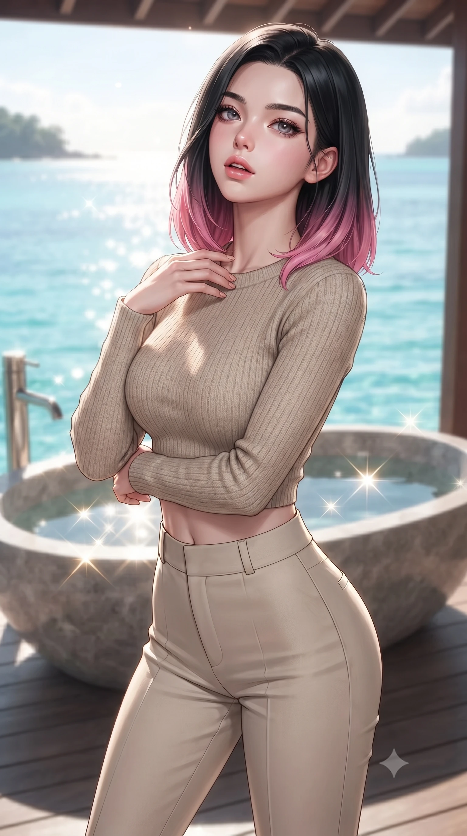 score_9, masterpiece, best quality, ultra-detailed, high-budget anime keyframe, editorial fashion photography, tasteful artistic composition, Korean woman woman. close-up cowboy shot from the waist and thighs up, the character dominates the composition, filling the frame with her large presence, background elements kept in soft focus. tilting her chin up slightly with lips parted in a composed, provocative expression the background shows a soft-focus a stone bath tub on a private deck overlooking a quiet bay with turquoise water. She has an exceptionally elegant, slender, and willowy female figure with an ultra-slim waist, a gracefully sculpted slender torso, and a refined silhouette. sharp v-shaped jawline, high-bridge nose, intricate jewel-like eyes with depth, thick eyelashes, glossy lips with a natural sheen. wearing a form-contouring tight-fitting crop sweater in oatmeal wool, paired with high-waisted form-fitting pants. bright morning sun rays creating sparkling glints on the sea and water tub. ultra-reflective glossy finish, specular highlights, metallic sheen, high-contrast stereoscopic depth, volumetric dynamic lighting, 2k, ultra detail, master piece, 9:16 ratio