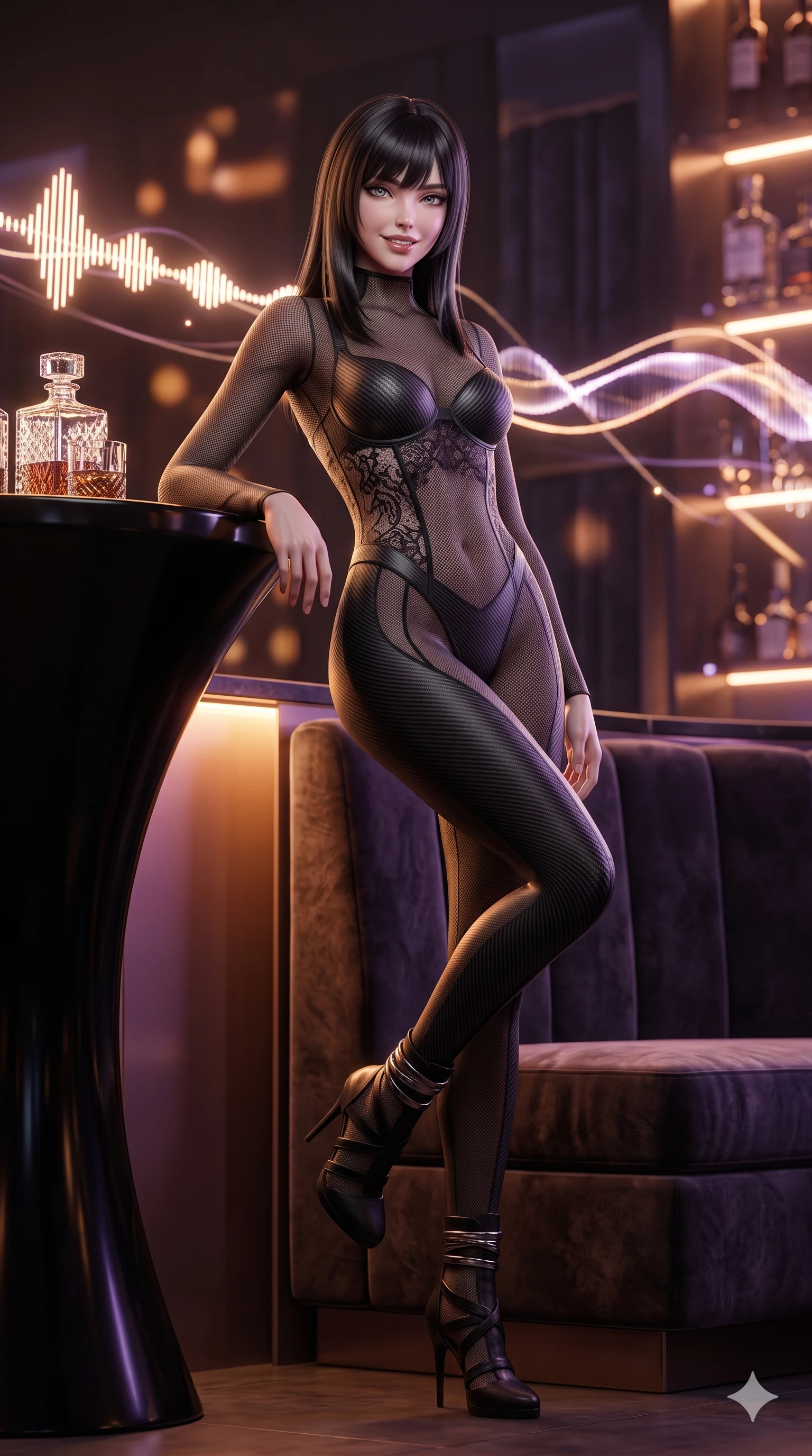 score_9, masterpiece, best quality, ultra-detailed, high-budget anime keyframe, semi-realistic 3D game render, editorial fashion photography, tasteful artistic composition, Caucasian woman. low angle full-body shot from head to toe showing her feet, filling the entire 9:16 vertical frame with her statuesque presence, stretching her vertical silhouette. lounging in a plush velvet VIP booth propped on one elbow with legs crossed, flashing an intoxicating smile with parted glossy lips while standing poised beside the sculptural obsidian bar counter, arching her lower back with sovereign supermodel poise as floating soundwave ribbons ripple around her. The background shows a soft-focus floating illuminated soundwave ribbon visualizers, illuminated crystal liquor displays, and velvet acoustic panels blurred into amber, amethyst, and charcoal bokeh. She has an absolutely perfect, statuesque 8.5-heads proportion, an exceptionally tall and slender model-like female figure with impossibly long slender legs, an ultra-slim waist, a flat toned midriff, narrow delicate ribcage, and beautifully sculpted feminine hips creating a graceful, slim hourglass silhouette without any bulky heaviness. sharp v-shaped jawline, high-bridge nose, intricate jewel-like sparkling eyes with depth, thick eyelashes, glossy parted lips with a natural sheen, bright confident smile with an enchanting and coquettish sensual glint, exuding both youthful magnetic charm and sovereign high-tech allure, flawlessly proportioned anatomical accuracy, strict slender model proportions, natural body alignment, perfectly sculpted long slender limbs, ultra-slim waistline, clean dynamic posture without body distortion. wearing a form-contouring semi-opaque dark mesh catsuit with carbon-plated cups and fine lace-pattern panels across her torso in dual-tone high-contrast monochrome black and stark white, crafted from lightweight aerodynamic matte carbon-fiber weave with structural stiffness, complemented by strappy stiletto combat boots with metallic ankle wraps accentuating her slender calves, the bespoke structured tailoring following the natural line of her 8.5-heads silhouette with refined elegance. bathed in the warm, moody amber and soft purple under-counter mood lighting with crisp laser accent beams. highly saturated vibrant anime colors, detailed shading with soft gradients, rich glossy textures, high-contrast stereoscopic depth, volumetric dynamic lighting, master piece, 9:16 ratio