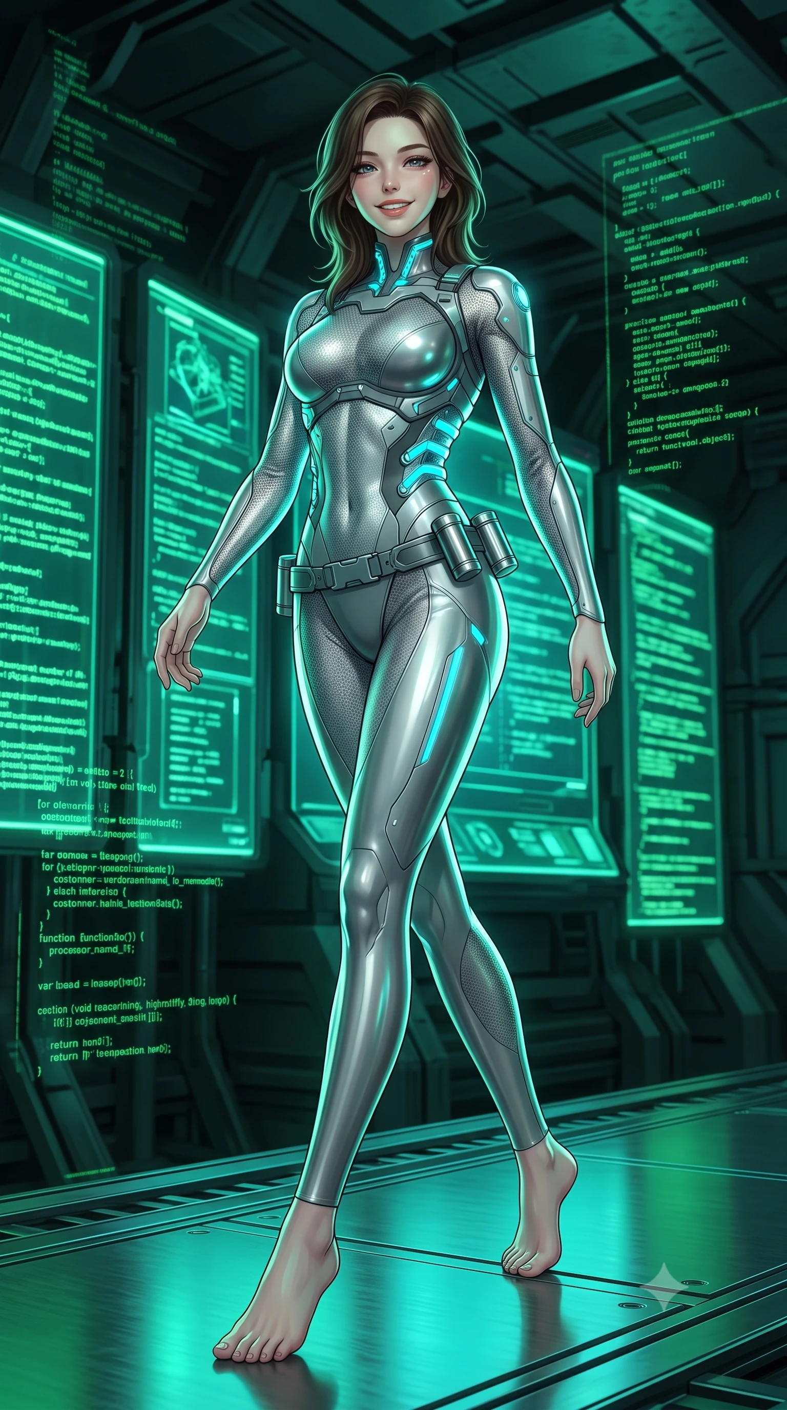 score_9, masterpiece, best quality, ultra-detailed, high-budget anime keyframe, semi-realistic 3D game render, editorial fashion photography, tasteful artistic composition, Korean woman. low angle full-body shot from head to toe showing her feet, filling the entire 9:16 vertical frame with her statuesque presence, stretching her vertical silhouette. striding forward gracefully across the reflective metal deck in mid-motion with a radiant beaming smile, hips swaying in an alluring kinetic rhythm that accentuates her curvy hourglass silhouette and long slender legs while standing in a tall commanding posture before towering glowing tactical holoscreens, arching her back with sovereign poise as green code streams cascade. The surrounding environment is rendered in vivid detail and crisp panoramic clarity: detailed cyber suit texture, illuminated screen reflections on skin, and subterranean military bunker architecture in high resolution. She has an absolutely perfect, statuesque 8.5-heads proportion, an exceptionally tall and slender model-like female figure with impossibly long slender legs, an ultra-slim waist, a flat toned midriff, narrow delicate ribcage, and beautifully sculpted feminine hips creating a graceful, slim hourglass silhouette without any bulky heaviness. sharp v-shaped jawline, high-bridge nose, intricate jewel-like sparkling eyes with depth, thick eyelashes, glossy parted lips with a natural sheen, bright confident smile with an enchanting and coquettish sensual glint, exuding both youthful magnetic charm and sovereign high-tech allure, flawlessly proportioned anatomical accuracy, strict slender model proportions, natural body alignment, perfectly sculpted long slender limbs, ultra-slim waistline, clean dynamic posture without body distortion. wearing a form-contouring exo-suit chassis with glowing cyan hydraulic spine braces worn over an ultra-slim bodysuit in reflective liquid mercury and matte phantom grey, woven from delicate semi-opaque high-tensile nano-mesh with intricate hexagonal micro-patterns, accented with a sleek utility belt with polished magnetic canisters resting loosely on her curvy hips, the liquid-tight tailored fabric clinging flawlessly to her narrow waist and rounded feminine hips, emphasizing every millimeter of her sculpted slim hourglass curves without any bulky heaviness. bathed in moody neon green and laser cyan terminal light contrasting with deep industrial shadows. highly saturated vibrant anime colors, detailed shading with soft gradients, rich glossy textures, high-contrast stereoscopic depth, volumetric dynamic lighting, master piece, 9:16 ratio