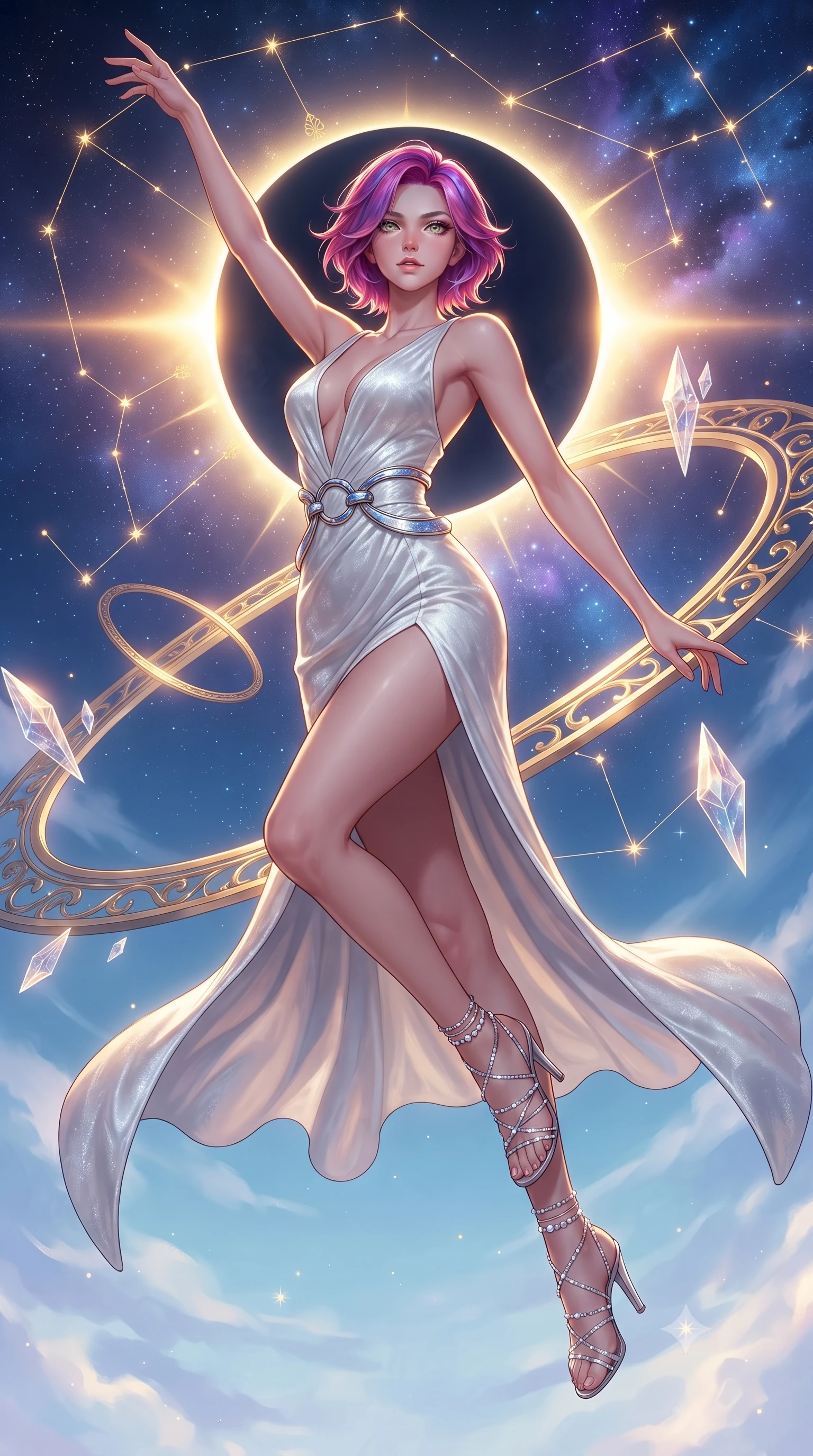 score_9, masterpiece, best quality, ultra-detailed, high-budget anime keyframe, editorial fashion photography, tasteful artistic composition, Caucasian woman. low angle full-body shot from head to toe showing her feet, filling the entire 9:16 vertical frame with her statuesque presence, stretching her vertical silhouette. leaping dynamically through the luminous sky, her posture full of power and elegance, navigating a constellation map woven from starlight threads and gold filigree, a celestial solar eclipse casting brilliant golden rim highlights. She has an absolutely perfect, statuesque 8.5-heads proportion, an exceptionally tall and slender model-like female figure with impossibly long slender legs and an ultra-slim waist. sharp v-shaped jawline, high-bridge nose, intricate jewel-like eyes with depth, thick eyelashes, glossy lips with a natural sheen. wearing low-cut structured bodice gown in liquid pearl with high leg slit in radiant platinum, made of crushed white silk velvet, accented with sculpted opal chrome rings at the waist, following her slender form with tailored precision. bathed in warm sunbursts filtering through floating orbital rings. highly saturated vibrant anime colors, detailed shading with soft gradients, rich glossy textures, high-contrast stereoscopic depth, volumetric dynamic lighting, master piece, 9:16 ratio