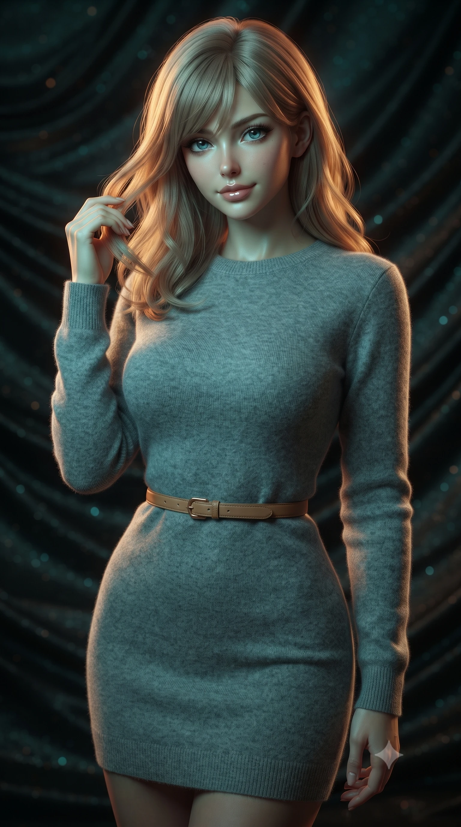 score_9, masterpiece, best quality, ultra-detailed, high-budget anime keyframe, editorial fashion photography, tasteful artistic composition, Caucasian woman, strictly human ears. close-up cowboy shot from the waist and thighs up, the character dominates the composition, filling the frame with her large presence, background elements kept in soft focus. Gently brushing hair from her face with an enigmatic half-smile. set against a soft-focus background of a chamber woven entirely from visible dark matter that shimmers like the darkest silk threaded with captured starlight the walls undulating slowly like cosmic fabric breathing in gravitational waves. She has an exceptionally elegant and slender, willowy female figure with an ultra-slim waist, a gracefully sculpted slender torso, and a refined slim physique. sharp v-shaped jawline, high-bridge nose, intricate jewel-like eyes with depth, thick eyelashes, glossy lips with a natural sheen. wearing a soft grey wool-blend sweater dress with long sleeves, paired with a thin camel-colored leather belt. warm amber rim lighting combined with cool teal fill light creating dramatic contrast. 2k, ultra detail, master piece, 9:16 ratio