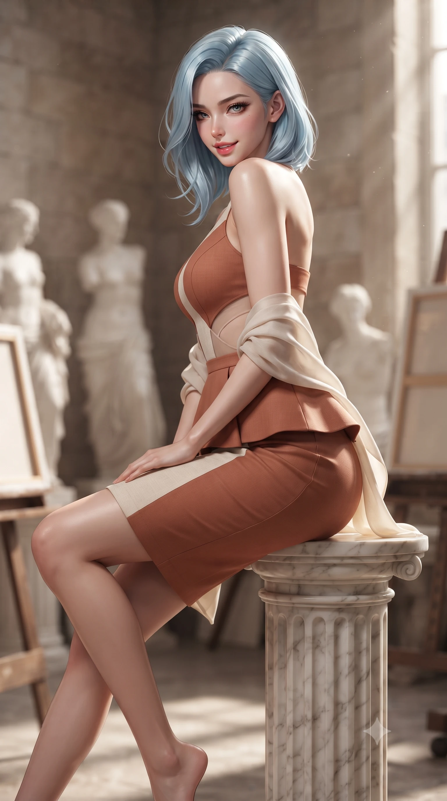 score_9, masterpiece, best quality, ultra-detailed, high-budget anime keyframe, editorial fashion photography, tasteful artistic composition, Korean woman. close-up cowboy shot from the waist and thighs up, the character dominates the composition, filling the frame with her large presence. turning over a bare shoulder with an intoxicating, teasing smile, her soft hair framing her sharp jawline as her hips angle gracefully while perching on a classical marble pedestal with back arched like a Renaissance sculpture, hips tilted in a dramatic contrapposto pose. The composition keeps background elements in soft focus with creamy bokeh. towering plaster neoclassical statues and canvas easel silhouettes blurred into creamy alabaster, charcoal, and warm stone bokeh. She has an exceptionally elegant, slender, and willowy female figure with an ultra-slim waist, a gracefully sculpted slender torso, toned flat midriff, and rounded feminine hips creating an alluring hourglass silhouette. sharp v-shaped jawline, high-bridge nose, intricate jewel-like eyes with depth, thick eyelashes, glossy parted lips with a natural sheen, intensely captivating and seductive bedroom-eyes expression, flawlessly proportioned anatomical accuracy, strict slender model proportions, natural body alignment, perfectly sculpted long slender limbs, ultra-slim waistline, clean dynamic posture without body distortion. wearing a structural geometric peplum gown with sheer side-ribbon cutouts and form-fitting skirt in terracotta clay and natural linen ivory, tailored from crisp structured cotton poplin with fine drapery folds, complemented by a breezy silk chiffon shawl draped loosely over her elbows, the form-contouring material adhering flawlessly to her sculpted flat midriff and slender torso, emphasizing her long leg lines and perfectly proportioned willowy build. bathed in dramatic natural north skylight streaming through cathedral windows. ultra-reflective glossy finish, specular highlights, rich textural contrasts, high-contrast stereoscopic depth, volumetric dynamic lighting, 2k, ultra detail, master piece, 9:16 ratio