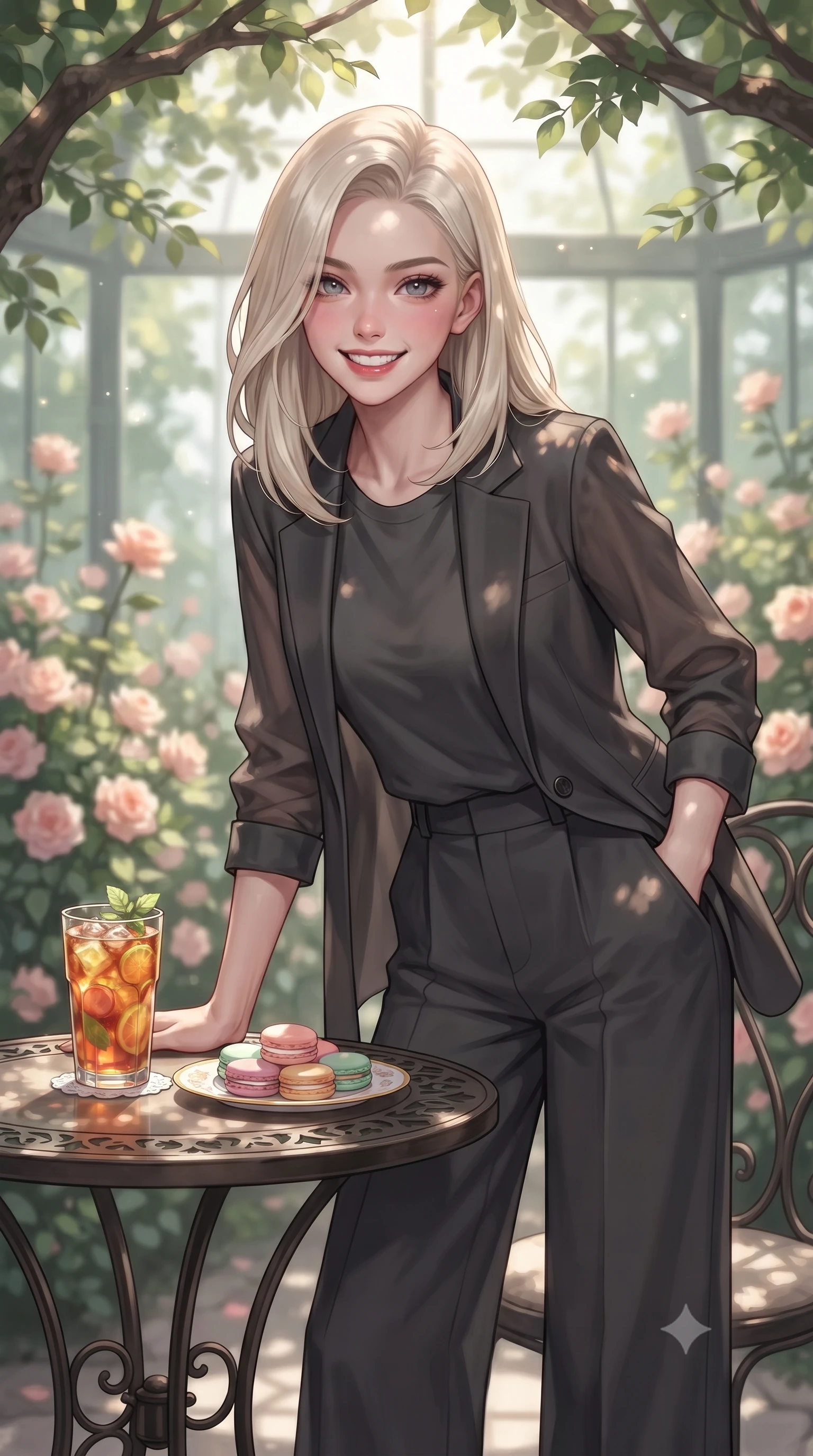 score_9, masterpiece, best quality, ultra-detailed, high-budget anime keyframe, editorial fashion photography, tasteful artistic composition, Caucasian woman. close-up cowboy shot from the waist and thighs up, the character dominates the composition, filling the frame with her large presence, background elements kept in soft focus. leaning slightly forward over the table with a playful, magnetic smile that locks direct eye contact set against a soft-focus background of inside an exclusive rose conservatory with a glass of iced fruit tea and delicate macaron pastries arranged on the table. She has an exceptionally elegant, slender, and willowy female figure with an ultra-slim waist, a gracefully sculpted slender torso, and a refined silhouette. sharp v-shaped jawline, high-bridge nose, intricate jewel-like eyes with depth, thick eyelashes, glossy lips with a natural sheen. wearing form-contouring charcoal semi-opaque chiffon tailored casual blazer paired with a loose tee and wide-leg trousers featuring refined tailored seams. highlighted by dappled sunlight filtering through leafy branches, creating soft organic patterns. ultra-reflective glossy finish, specular highlights, metallic sheen, high-contrast stereoscopic depth, volumetric dynamic lighting, 2k, ultra detail, master piece, 9:16 ratio