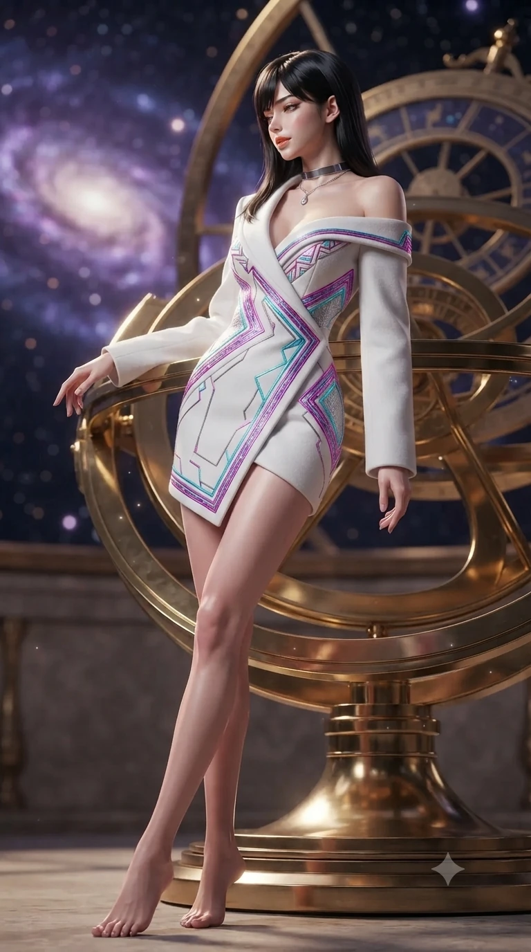 score_9, masterpiece, best quality, ultra-detailed, high-budget anime keyframe, editorial fashion photography, tasteful artistic composition, Caucasian woman. low angle full-body shot from head to toe showing her feet, filling the entire 9:16 vertical frame with her statuesque presence, stretching her vertical silhouette. walking along the terrace with poise, looking back over her bare shoulder with an irresistible smoldering bedroom-gaze while leaning against the polished brass equatorial ring with hips cocked back, looking through celestial gear trains at the purple galaxy nebula with heavy-lidded bedroom-eyes. The background shows a soft-focus cosmic particulate glow softened in celestial astrolabe observatory shallow focus. She has an exceptionally tall and slender model-like 8.5-heads proportion, an ultra-slim waist, a flat toned midriff, narrow delicate ribcage, and beautifully sculpted feminine hips creating a graceful, slim hourglass silhouette without any bulky heaviness, with impossibly long slender legs. sharp v-shaped jawline, high-bridge nose, intricate jewel-like sparkling eyes with depth, thick eyelashes, glossy parted lips with a natural peach sheen, bright cheerful beaming smile with an enchanting and coquettish sensual glint, exuding both youthful cute charm and seductive allure, flawlessly proportioned anatomical accuracy, strict slender model proportions, natural body alignment, perfectly sculpted long slender limbs, ultra-slim waistline, clean dynamic posture without body distortion. wearing a bespoke arctic opera coat dress in snow-white double-faced cashmere with metallic thread accents in Neo-Shinjuku neon magenta and electric cyan, crafted from bespoke double-faced cashmere with an exceptionally soft tactile finish, finished with a minimalist chrome choker and a single teardrop diamond pendant, the impeccably tailored cut draping gracefully along her slender figure with aristocratic poise. illuminated by polished brass reflection bounce and sharp starlight-gold rim lights defining her razor-sharp jawline, narrow waist, and curvy hips. ultra-reflective glossy finish, specular highlights, rich textural contrasts, high-contrast stereoscopic depth, volumetric dynamic lighting, 2k, ultra detail, master piece, 9:16 ratio