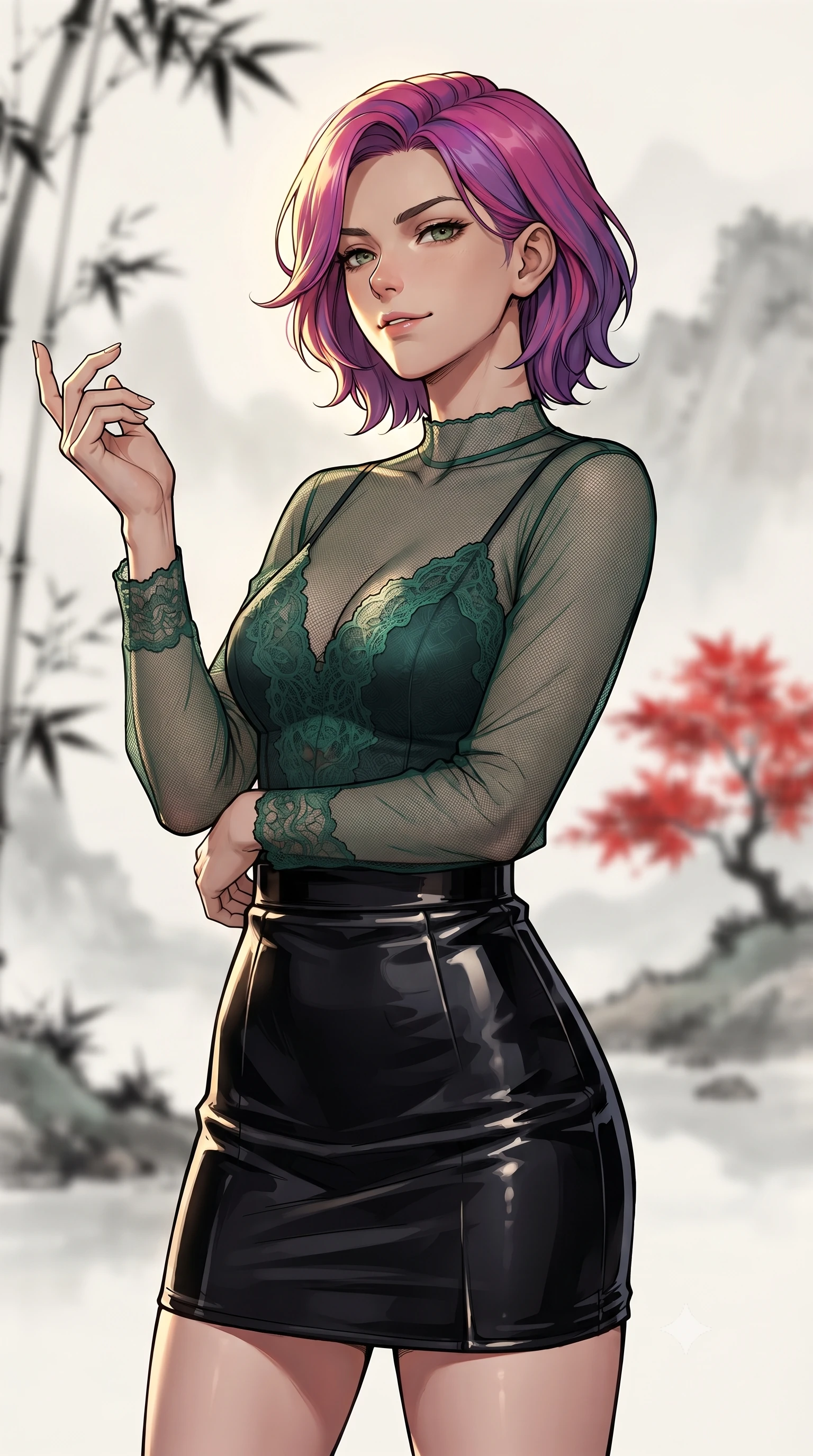 score_9, masterpiece, best quality, ultra-detailed, high-budget anime keyframe, gorgeous anime illustration, with clean line-art and distinct ink outlines, Caucasian woman, strictly human ears. close-up cowboy shot from the waist and thighs up, the character dominates the composition, filling the frame with her large presence, background elements kept in soft focus. Gazing past the camera with an air of effortless superiority. set against a soft-focus background of standing in a valley that looks like a traditional ink-wash painting, with black bamboo silhouettes, white mist hovering in the air, and a single red maple tree providing a splash of color. She has an exceptionally elegant and slender, willowy female figure with an ultra-slim waist, a gracefully sculpted slender torso, and a refined slim physique. sharp v-shaped jawline, high-bridge nose, intricate jewel-like eyes with depth, thick eyelashes, glossy lips with a natural sheen. wearing a sheer mesh top in emerald green with lace detailing, paired with a structured high-gloss black skirt. dramatic chiaroscuro with a single golden key light sculpting her silhouette. 2k, ultra detail, master piece, 9:16 ratio, vibrant anime color palette, detailed cel-shading with soft gradients, rich contrast, dynamic lighting, 2d animation style