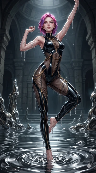 score_9, masterpiece, best quality, ultra-detailed, High-budget Anime Keyframe, East Asian woman. Dynamic full-body shot stretching the vertical silhouette to the limit. Scenario 94: Rising from a pool of mercury-like liquid, droplets rolling off her