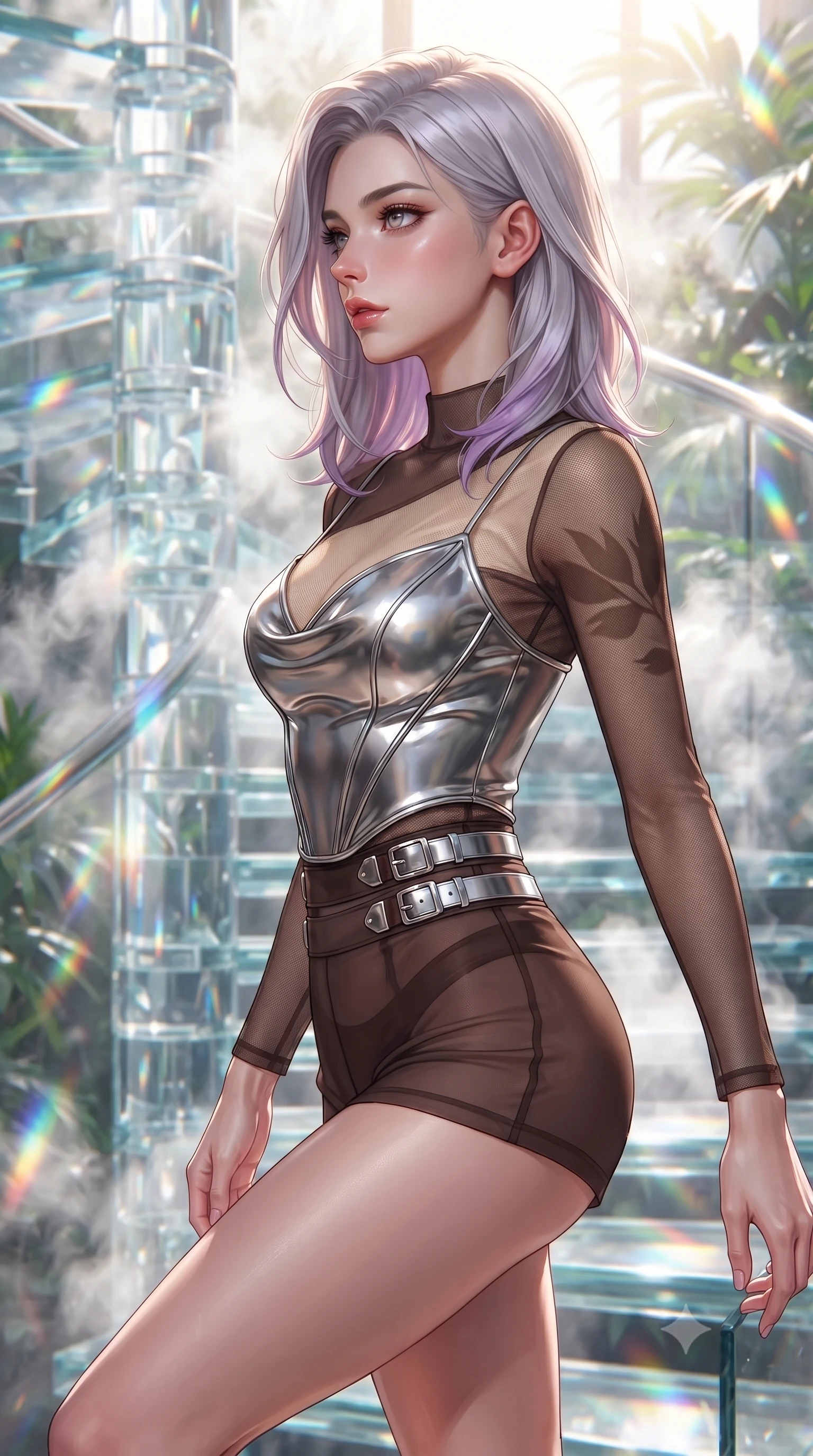score_9, masterpiece, best quality, ultra-detailed, high-budget anime keyframe, editorial fashion photography, tasteful artistic composition, Caucasian woman. close-up cowboy shot from the waist and thighs up, the character dominates the composition, filling the frame with her large presence, background elements kept in soft focus. Turning her face in sharp dramatic profile against the bright light, showcasing her sharp v-shaped jawline ascending a vertical spiral glass staircase enveloped by tropical sunbeams, steam clouds refracting sunlight into brilliant rainbow prisms. She has an exceptionally elegant, slender, and willowy female figure with an ultra-slim waist, a gracefully sculpted slender torso, and a refined silhouette. sharp v-shaped jawline, high-bridge nose, intricate jewel-like eyes with depth, thick eyelashes, glossy lips with a natural sheen. wearing a chrome-plated structured bodice worn over a sheer mesh top and micro-shorts in espresso brown and warm cream, woven from fine semi-opaque sheer organza, detailed with polished silver buckles along the waistline, the elegant draped fit framing her graceful clavicle and slender torso. illuminated by brilliant sunbeams casting organic leaf stencil shadows. highly saturated vibrant anime colors, detailed shading with soft gradients, rich glossy textures, high-contrast stereoscopic depth, volumetric dynamic lighting, master piece, 9:16 ratio