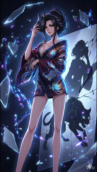 A mysterious 8-second cinematic sequence of a woman in an elegant dark silk kimono with intricate golden dragon embroidery. She gracefully holds a decorative black fox mask. In the background, a large cracked mirror reflects a flickering, mystical sh