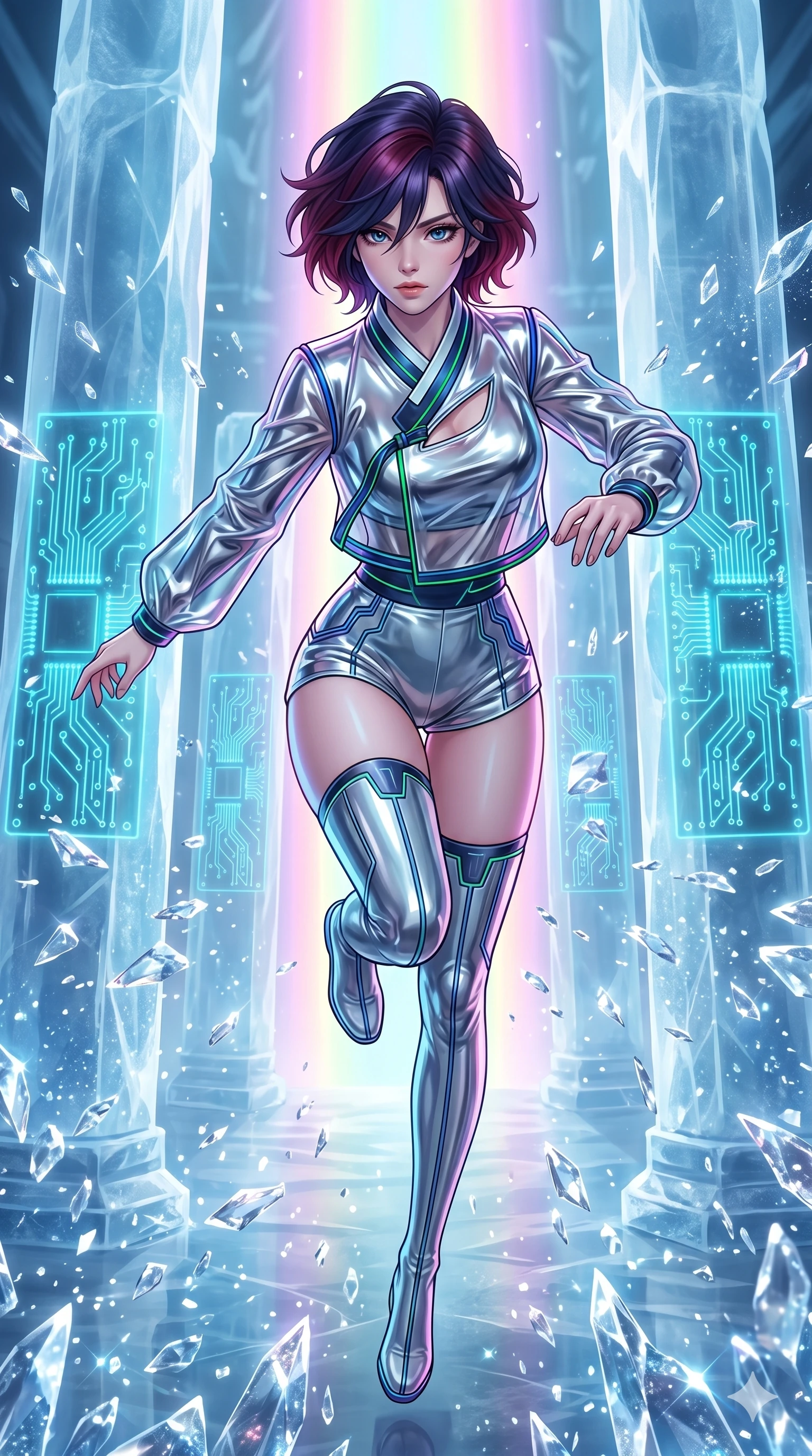 score_9, masterpiece, best quality, ultra-detailed, high-budget anime keyframe, Caucasian woman, strictly human ears. upper body close-up from the thighs up, character filling the screen for maximum presence. leaping inside a sub-zero cybernetic ice temple, where glowing neon cyan computer circuit boards are frozen within transparent ice pillars, fracturing ice crystals into sparkles around her. She has an absolutely perfect 8-heads proportion, an exceptionally tall and slender female figure with impossibly long slender legs and an ultra-slim waist. V-shaped jawline, high-bridge nose, intricate jewel-like eyes with depth, thick eyelashes, glossy lips with a natural sheen.. wearing a vinyl liquid mercury fusion hanbok, featuring a translucent chrome-silver vinyl jeogori and high-waist micro-shorts, detailed with glowing neon wire trims and a tasteful chest slit. enhanced by a luminous pastel spectrum glow, casting elegant rim lights on her shoulders and jawline. 2k, ultra detail, master piece, 9:16 ratio