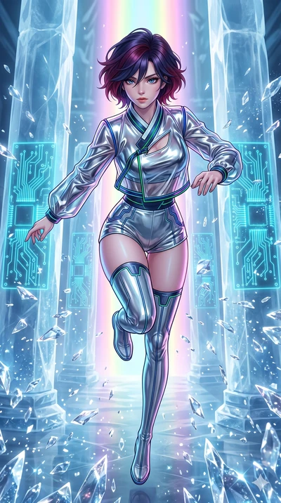 score_9, masterpiece, best quality, ultra-detailed, high-budget anime keyframe, Caucasian woman, strictly human ears. upper body close-up from the thighs up, character filling the screen for maximum presence. leaping inside a sub-zero cybernetic ice 