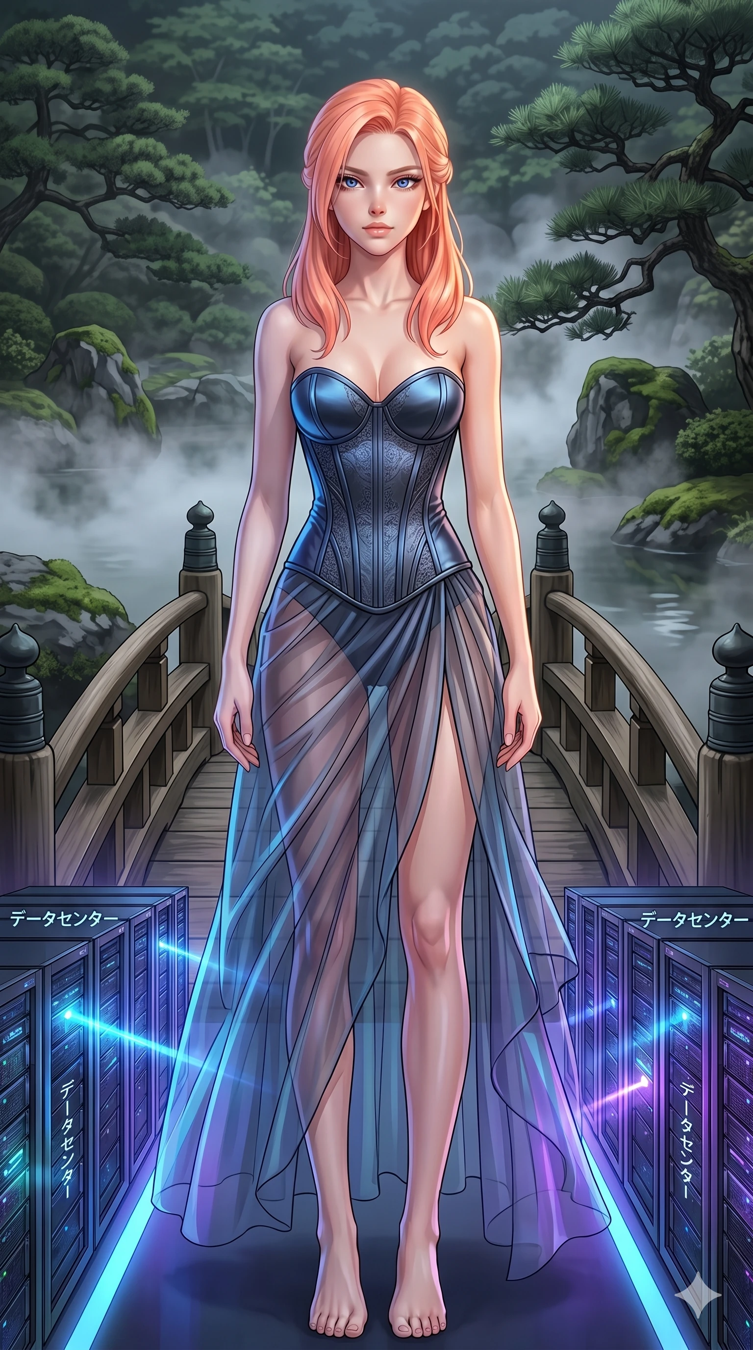 score_9, masterpiece, best quality, ultra-detailed, high-budget anime keyframe, editorial fashion photography, tasteful artistic composition, Japanese woman. cowboy shot from the thighs up, character and outfit filling the frame for maximum editorial presence. holding a powerful pose, looking past the camera with quiet superiority on a bridge in a Japanese garden with rising mist (Code-P17-136). She has an absolutely perfect 8-heads proportion, an exceptionally tall and slender female figure with impossibly long slender legs and an ultra-slim waist. V-shaped jawline, high-bridge nose, intricate jewel-like eyes with depth, thick eyelashes, glossy lips with a natural sheen. wearing a structured satin corset combined with a transparent chiffon wrap skirt. neon blue and violet light from the servers casting sharp specular highlights on her outfit. 2k, ultra detail, master piece, 9:16 ratio