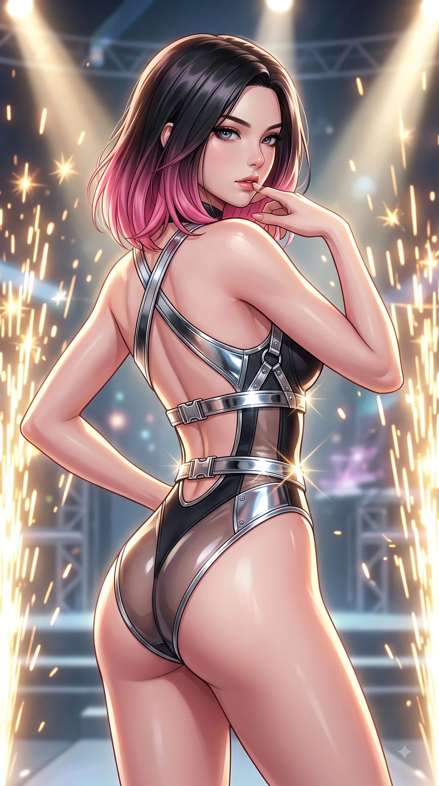 score_9, masterpiece, best quality, ultra-detailed, high-budget anime keyframe, editorial fashion photography, tasteful artistic composition, Korean woman. close-up cowboy shot from the waist and thighs up, the character dominates the composition, filling the frame with her large presence, background elements kept in soft focus. Resting two fingers near her glossy lips, casting a sharp mysterious side-gaze during her dynamic motion while pivoting dynamically in a dancer stance with a magnetic, composed gaze directed at the camera, metallic harness accents and chrome buckles catching sharp specular sunbursts. She has an exceptionally elegant, slender, and willowy female figure with an ultra-slim waist, a gracefully sculpted slender torso, and a refined silhouette. sharp v-shaped jawline, high-bridge nose, intricate jewel-like eyes with depth, thick eyelashes, glossy lips with a natural sheen, flawlessly proportioned anatomical accuracy, natural body alignment, perfectly sculpted elegant limbs, clean dynamic posture without body distortion. wearing a high-cut translucent vinyl leotard with front paneling and open back in matte black and polished silver, formed from sleek second-skin neoprene, complemented by criss-cross back straps highlighting her bare shoulders, the sleek second-skin texture accentuating her magnetic presence. illuminated by golden spark explosions and high-contrast concert lighting. highly saturated vibrant anime colors, detailed shading with soft gradients, rich glossy textures, high-contrast stereoscopic depth, volumetric dynamic lighting, master piece, 9:16 ratio