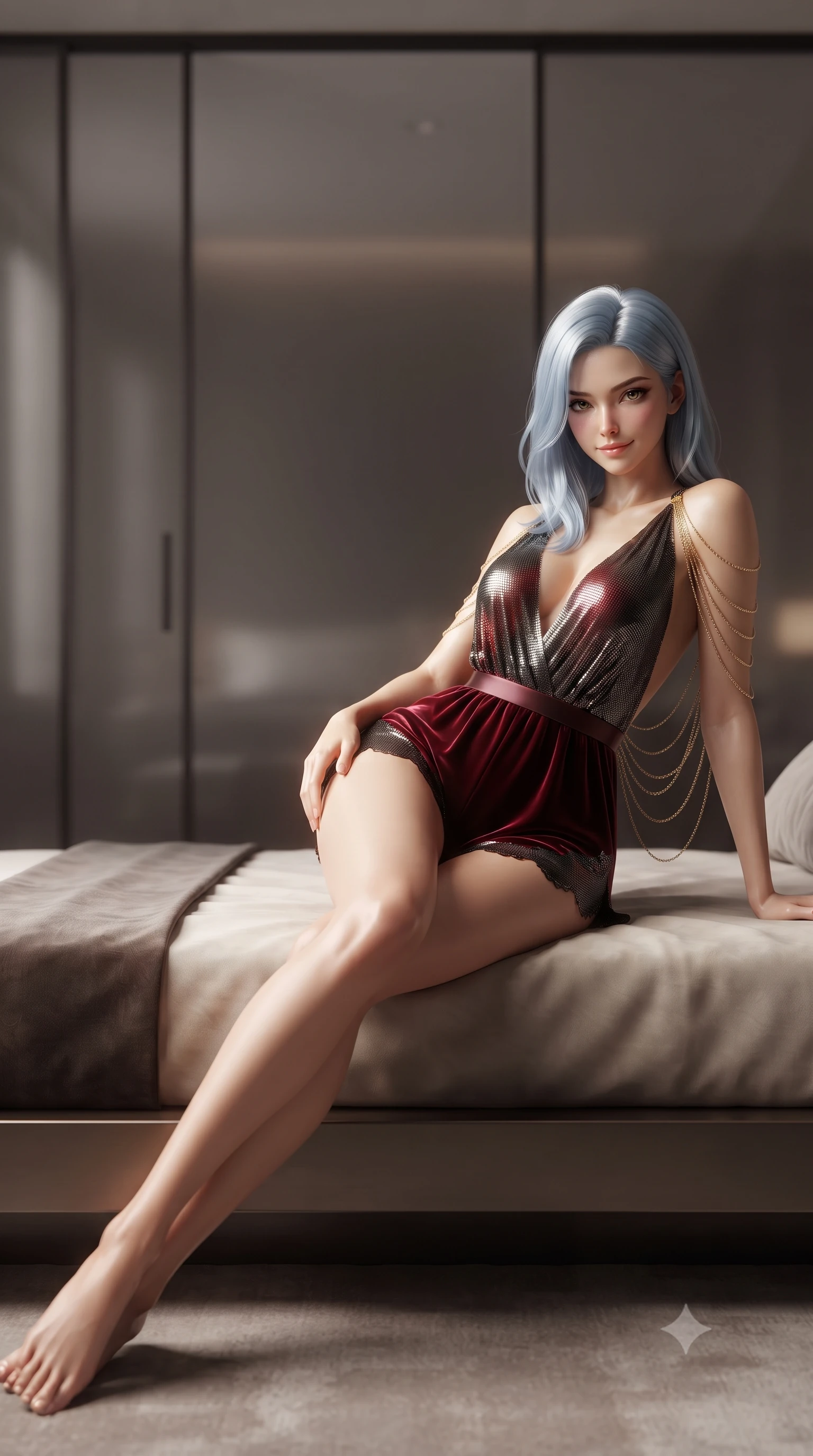 score_9, masterpiece, best quality, ultra-detailed, high-budget anime keyframe, editorial fashion photography, tasteful artistic composition, Korean woman. low angle full-body shot from head to toe showing her feet, filling the entire 9:16 vertical frame with her statuesque presence, stretching her vertical silhouette. lounging on the lavish daybed with legs crossed and hips angled toward the camera, displaying her toned midriff and long slender limbs with effortless siren poise while reclining sideways across the low platform daybed with legs extended, resting on one forearm with sovereign femme fatale charisma. The background shows a soft-focus translucent smoked-glass sliding doors softened in avant-garde Tokyo minimalist shallow focus. She has an absolutely perfect, statuesque 8.5-heads proportion, an exceptionally tall and slender model-like female figure with impossibly long slender legs, an ultra-slim waist, a flat toned midriff, narrow delicate ribcage, and beautifully sculpted feminine hips creating a graceful, slim hourglass silhouette without any bulky heaviness. sharp v-shaped jawline, high-bridge nose, sparkling eyes with hypnotic seductive depth, thick curled eyelashes, glossy parted lips with a natural dewy peach sheen, alluring bedroom-eyes with an enchanting coquettish smile, exuding magnetic siren charisma and sophisticated glamour, flawlessly proportioned anatomical accuracy, strict slender model proportions, natural body alignment, perfectly sculpted long slender limbs, ultra-slim waistline, clean dynamic posture without body distortion. wearing a plunge-neck stretch velvet romper with scalloped eyelash-lace hems and a cinched waist ribbon in rich cherry lacquer and smoky charcoal, crafted from shimmering fluid chainmail mesh reflecting ambient lights, accented with an open-back drape framed by falling strands of delicate gold chains, the second-skin tailored fabric adhering flawlessly to her sculpted flat midriff and slender torso, emphasizing her long leg lines and perfectly proportioned willowy build. illuminated by black lacquer reflection bounce and sharp platinum-gold rim lights sculpting her jawline, narrow waist, and curvy hips. ultra-reflective glossy finish, specular highlights, rich textural contrasts, high-contrast stereoscopic depth, volumetric dynamic lighting, 2k, ultra detail, master piece, 9:16 ratio