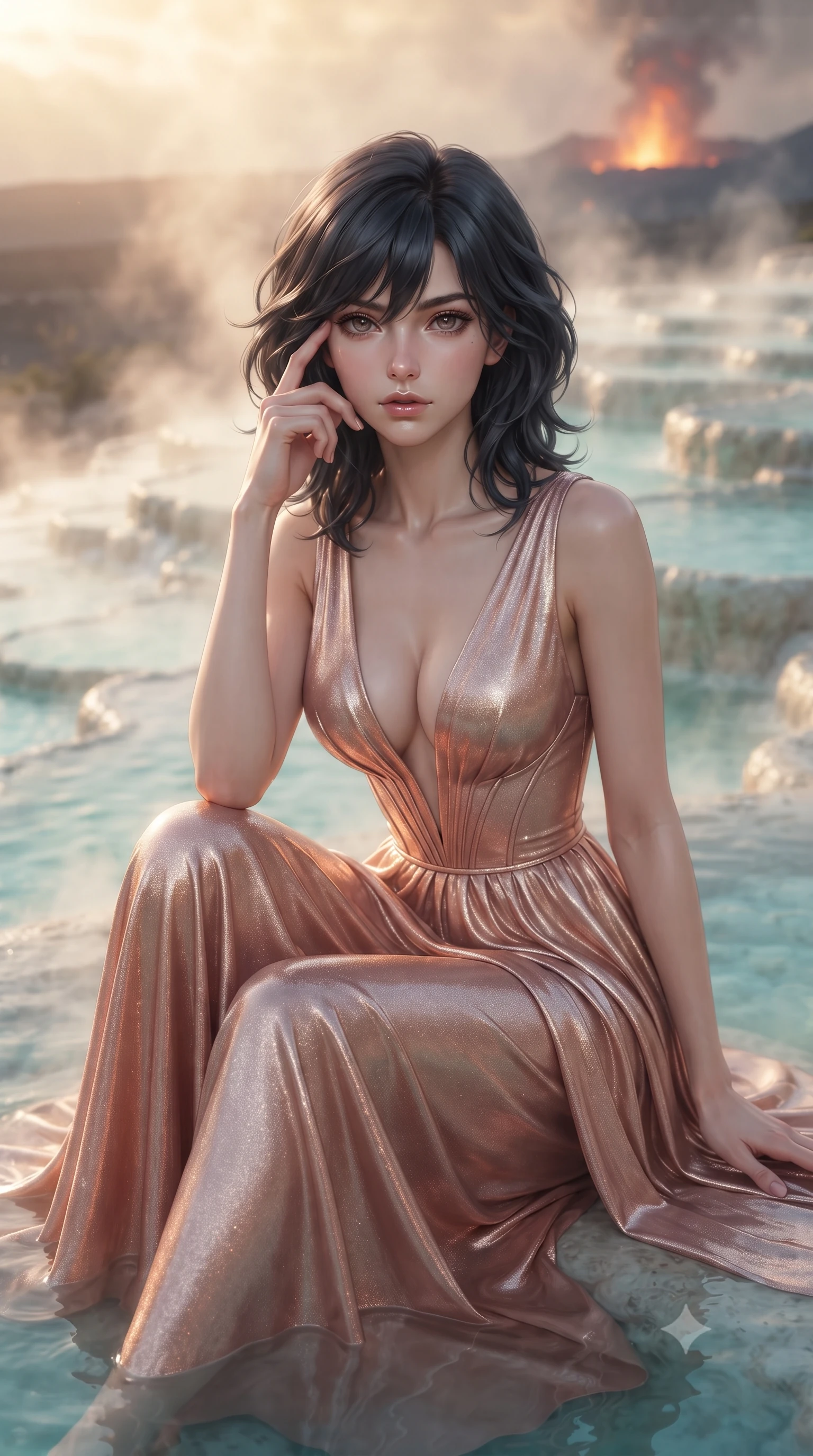 score_9, masterpiece, best quality, ultra-detailed, high-budget anime keyframe, editorial fashion photography, tasteful artistic composition, Caucasian woman, strictly human ears. close-up cowboy shot from the waist and thighs up, the character dominates the composition, filling the frame with her large presence, background elements kept in soft focus. Pressing two fingers to her temple in a composed thoughtful gesture. set against a soft-focus background of on terraced mineral hot springs cascading down an active volcano's slope with turquoise and milky blue water steaming in each pool travertine formations in white and gold and distant lava glow on the horizon. She has an exceptionally elegant and slender, willowy female figure with an ultra-slim waist, a gracefully sculpted slender torso, and a refined slim physique. sharp v-shaped jawline, high-bridge nose, intricate jewel-like eyes with depth, thick eyelashes, glossy lips with a natural sheen. wearing a floor-length gown in liquid rose gold, featuring an ultra-deep plunging V-neckline and a highly structured bodice. warm steam-diffused golden light from above with deep orange volcanic glow from the background and cool turquoise reflection from the mineral water creating a warm-cool atmospheric blend. 2k, ultra detail, master piece, 9:16 ratio