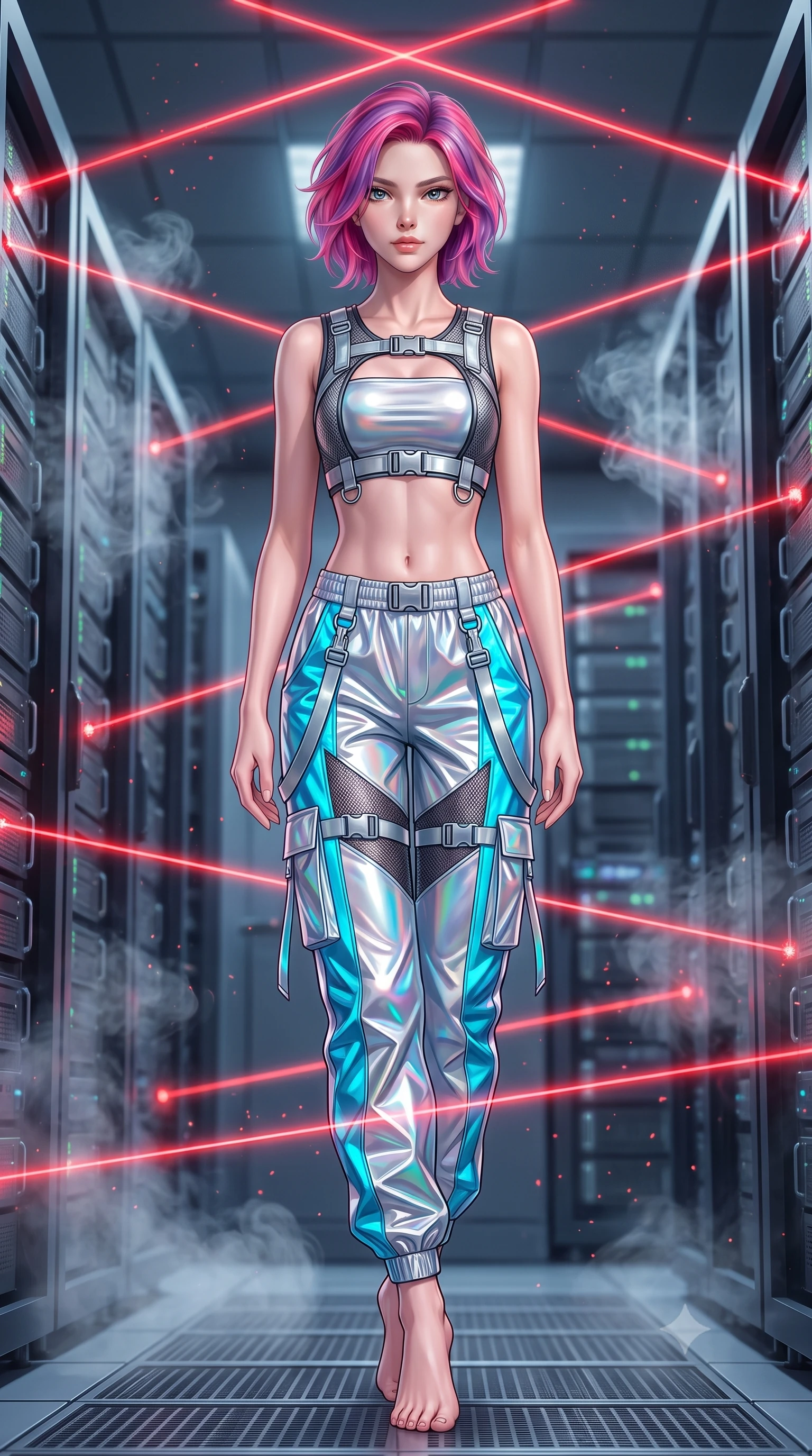score_9, masterpiece, best quality, ultra-detailed, high-budget anime keyframe, semi-realistic 3D game render, editorial fashion photography, tasteful artistic composition, Caucasian woman. low angle full-body shot from head to toe showing her feet, filling the entire 9:16 vertical frame with her statuesque presence, stretching her vertical silhouette. landing lightly on the balls of her feet in a balanced kinetic stance, eyes locked onto the camera with fearless allure while navigating a high-security mainframe server vault, contorting her slender athletic body in a flawless gymnastic evasion beneath glowing red laser grids. The composition keeps background elements in soft focus with creamy bokeh. cooling vapor wisps and airborne particulate dust catching bright red laser beam motes. She has an absolutely perfect, statuesque 8.5-heads proportion, an exceptionally tall and slender model-like female figure with impossibly long slender legs, a toned flat midriff, and an ultra-slim waist. sharp v-shaped jawline, high-bridge nose, intricate jewel-like eyes with depth, thick eyelashes, glossy lips with a natural sheen, captivating and magnetic expression, flawlessly proportioned anatomical accuracy, strict slender model proportions, natural body alignment, perfectly sculpted long slender limbs, ultra-slim waistline, clean dynamic posture without body distortion. wearing a futuristic cropped tech-harness vest worn over a silver reflective tube top and high-rise metallic parachute cargo pants in holographic silver and electric cyan, crafted from high-gloss metallic ripstop nylon and flexible carbon mesh, detailed with heavy-duty chrome quick-release buckles and D-ring straps, the liquid-tight tailored fabric emphasizing every curve of her tall, slender model proportions and sculptured silhouette during dynamic movement. surrounded by a deadly, sophisticated, and irresistibly alluring secret agent femme fatale aura. highly saturated vibrant anime colors, detailed shading with soft gradients, rich glossy textures, high-contrast stereoscopic depth, volumetric dynamic lighting, master piece, 9:16 ratio