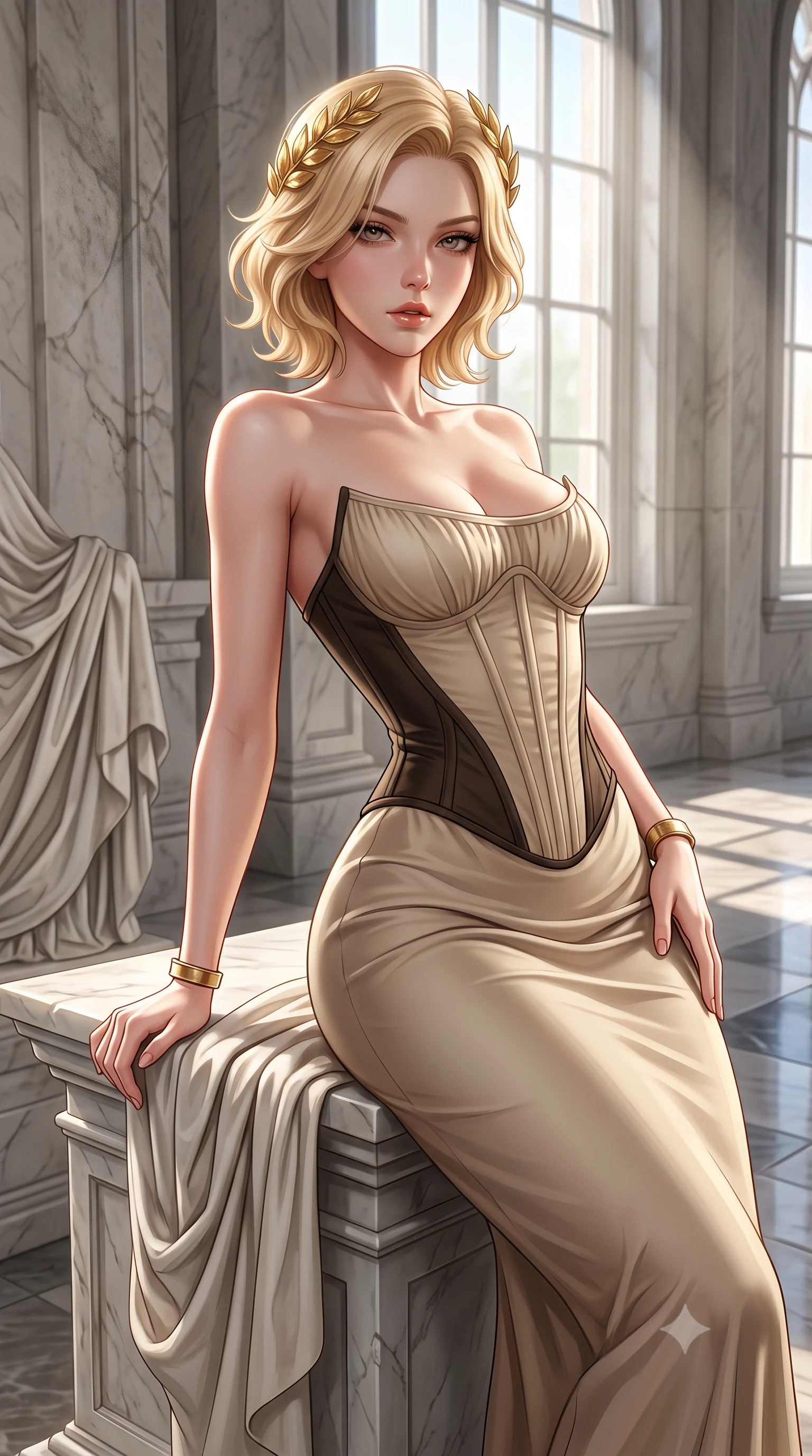 score_9, masterpiece, best quality, ultra-detailed, high-budget anime keyframe, semi-realistic 3D game render, editorial fashion photography, tasteful artistic composition, Caucasian woman. close-up cowboy shot from the waist and thighs up, the character dominates the composition, filling the frame with her large presence. leaning back with relaxed seductive grace, her sculpted collarbones and narrow waist highlighted as she casts smoldering bedroom-eyes directly into the camera while perching on a classical marble pedestal with back arched like a Renaissance sculpture, hips tilted in a dramatic contrapposto pose. The surrounding environment is rendered in vivid detail and crisp panoramic clarity. sharp carved marble drapery folds, chisel mark textures, and polished stone floor reflections in deep focus. She has an exceptionally elegant, slender, and willowy female figure with an ultra-slim waist, a gracefully sculpted slender torso, toned flat midriff, and rounded feminine hips creating an alluring hourglass silhouette. sharp v-shaped jawline, high-bridge nose, intricate jewel-like eyes with depth, thick eyelashes, glossy parted lips with a natural sheen, intensely captivating and seductive bedroom-eyes expression, flawlessly proportioned anatomical accuracy, strict slender model proportions, natural body alignment, perfectly sculpted long slender limbs, ultra-slim waistline, clean dynamic posture without body distortion. wearing a Renaissance-inspired boned corset bodice gown with exposed clavicle and sculpted hip boning in antique parchment beige and dark espresso, made of fluid silk crepe with delicate inner corsetry boning, accessorized with a classical golden laurel wreath in her hair and minimalist gold cuffs, the form-contouring material adhering flawlessly to her sculpted flat midriff and slender torso, emphasizing her long leg lines and perfectly proportioned willowy build. bathed in dramatic natural north skylight streaming through cathedral windows. highly saturated vibrant anime colors, detailed shading with soft gradients, rich glossy textures, high-contrast stereoscopic depth, volumetric dynamic lighting, master piece, 9:16 ratio