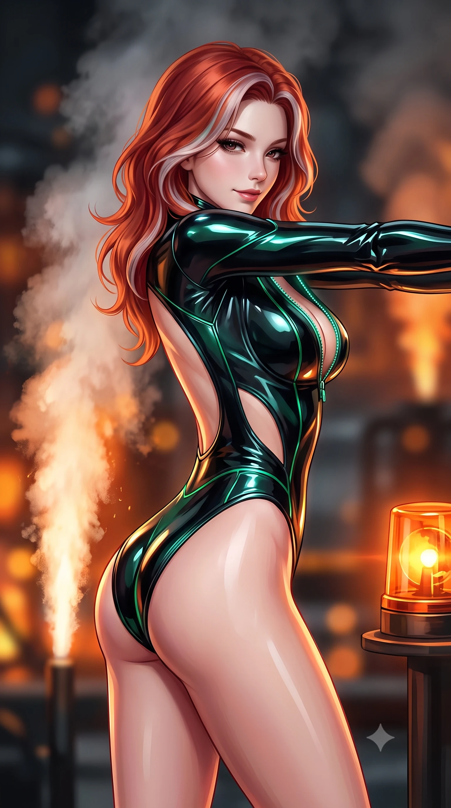 score_9, masterpiece, best quality, ultra-detailed, high-budget anime keyframe, semi-realistic 3D game render, editorial fashion photography, tasteful artistic composition, Caucasian woman. close-up cowboy shot from the waist and thighs up, the character dominates the composition, filling the frame with her large presence. stretching forward with an alluring arch of her spine, glancing over her shoulder with heavy lashes and an intoxicating, seductive half-smile while pivoting dynamically near a sputtering orange warning light as high-pressure steam geysers erupt behind her. The composition keeps background elements in soft focus with creamy bokeh. pulsing orange hazard beacons and drifting industrial steam plumes blurred into fiery amber and charcoal bokeh. She has an exceptionally elegant, slender, and willowy female figure with an ultra-slim waist, a gracefully sculpted slender torso, toned flat midriff, and a refined slim silhouette. sharp v-shaped jawline, high-bridge nose, intricate jewel-like eyes with depth, thick eyelashes, glossy lips with a natural sheen, flawlessly proportioned anatomical accuracy, strict slender model proportions, natural body alignment, perfectly sculpted long slender limbs, ultra-slim waistline, clean dynamic posture without body distortion. wearing an ultra-sleek high-cut vinyl bodysuit with front contour paneling, exposed side-rib cutouts, and an open back in high-gloss lacquer black and electric emerald highlights, crafted from ultra-reflective second-skin latex with a high-gloss glass-like polish, featuring a dangerously unzipped neckline framed by subtle glowing cybernetic accents, the glove-like aerodynamic second-skin fit tightly clinging to her ultra-slender waist and athletic curves without adding bulk, accentuating her razor-sharp statuesque lines and slim hourglass silhouette. illuminated by sharp specular highlights tracing her ultra-slim waist, long legs, and toned flat midriff. rich saturated anime colors with deep moody shadows, detailed chiaroscuro shading with soft gradients, rich glossy textures, high-contrast stereoscopic depth, volumetric dynamic shadow lighting, master piece, 9:16 ratio