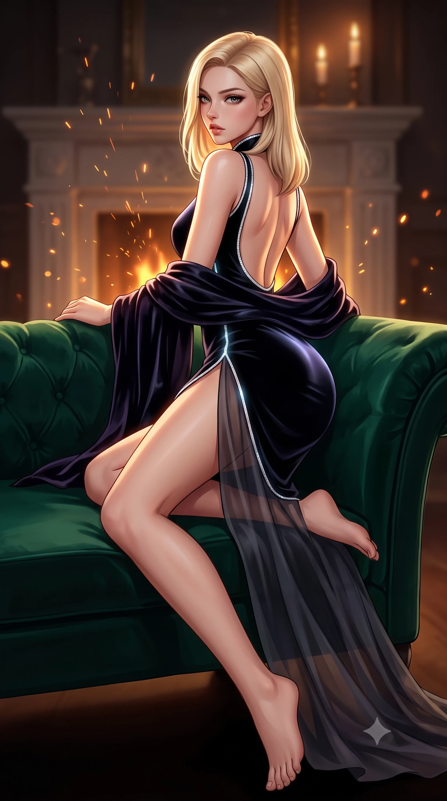 score_9, masterpiece, best quality, ultra-detailed, high-budget anime keyframe, semi-realistic 3D game render, editorial fashion photography, tasteful artistic composition, Korean woman. low angle full-body shot from head to toe showing her feet, filling the entire 9:16 vertical frame with her statuesque presence, stretching her vertical silhouette. posing with back turned slightly to the lens, glancing back with smoldering allure as she arches her lower back to emphasize her sculpted feminine hips and slender waist while reclining across a deep emerald velvet chaise lounge propped on one elbow, her slender waist and curved hips sculpted by warm hearth fire chiaroscuro. The composition keeps background elements in soft focus with creamy bokeh. rising fireplace sparks and candle flame refractions scattering warm decadent amber light motes. She has an exceptionally tall and slender model-like 8.5-heads proportion, an ultra-slim waist, a flat toned midriff, narrow delicate ribcage, and beautifully sculpted feminine hips creating a graceful, slim hourglass silhouette without any bulky heaviness, with impossibly long slender legs. sharp v-shaped jawline, high-bridge nose, intricate jewel-like eyes with depth, thick eyelashes, glossy parted lips with a natural sheen, intensely captivating and seductive bedroom-eyes expression, flawlessly proportioned anatomical accuracy, strict slender model proportions, natural body alignment, perfectly sculpted long slender limbs, ultra-slim waistline, clean dynamic posture without body distortion. wearing a modernized cyber-qipao mini dress with an ultra-high side slit ascending to the hip and glowing piping in pitch-black velvet with diamond crystal trim, woven from layered gossamer chiffon with a weightless sweeping drape, complemented by a plush velvet shawl draped loosely over her elbows, the precision-cut side openings and low-back scoop framing her graceful spine and the sensual sweep of her slim, toned hips. illuminated by crisp directional rim lighting sharply carving her razor-sharp jawline, narrow waist, and curvy hips. highly saturated vibrant anime colors, detailed shading with soft gradients, rich glossy textures, high-contrast stereoscopic depth, volumetric dynamic lighting, master piece, 9:16 ratio