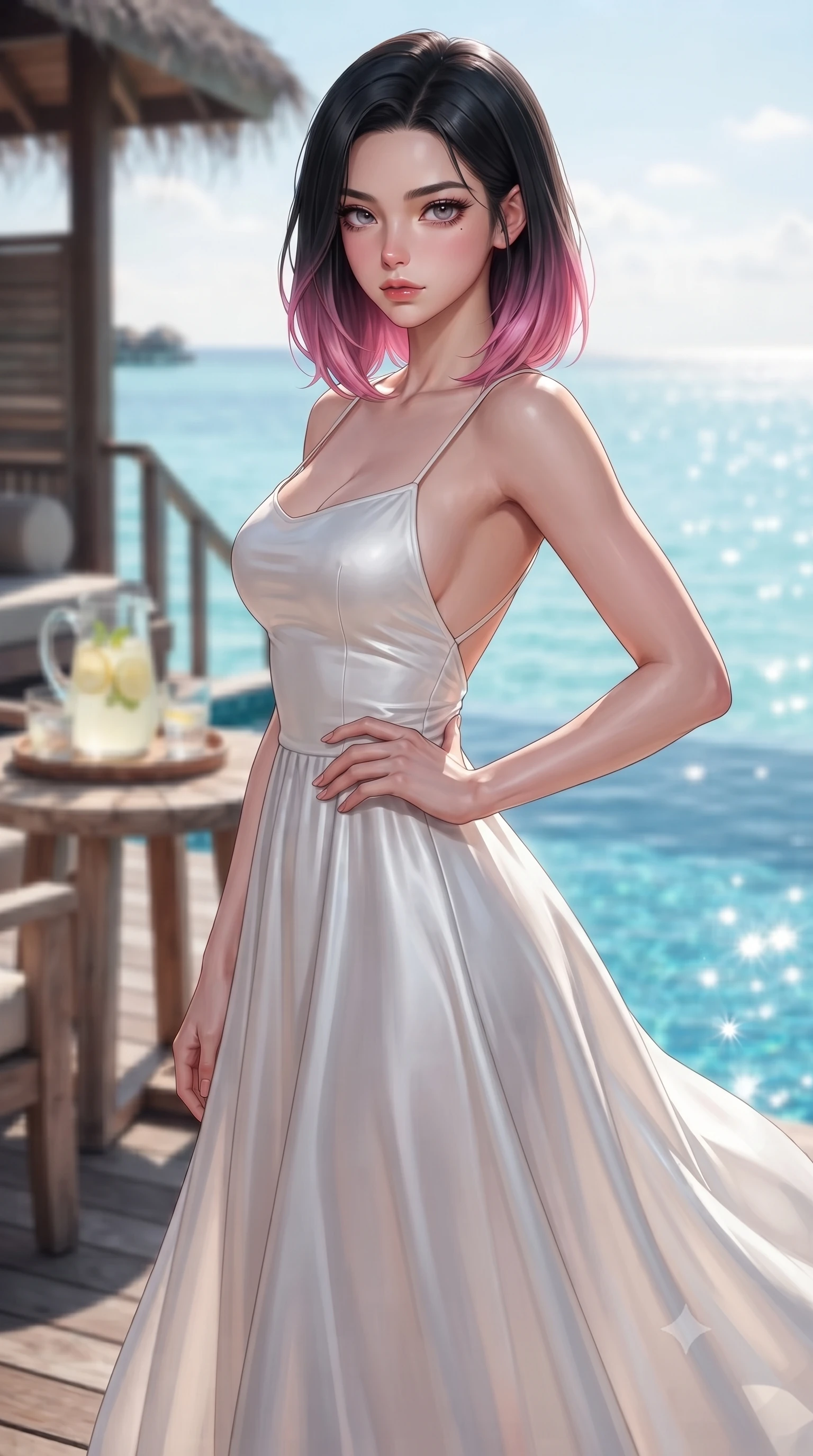 score_9, masterpiece, best quality, ultra-detailed, high-budget anime keyframe, editorial fashion photography, tasteful artistic composition, Korean woman. close-up cowboy shot from the waist and thighs up, the character dominates the composition, filling the frame with her large presence, background elements kept in soft focus. resting one hand on her waist, casting a smoldering, enticing side-gaze at the viewer set against a soft-focus background of on a private wooden deck of a luxury resort villa overlooking a turquoise lagoon with a pitcher of cold lemonade and glasses on a rustic wooden table. She has an exceptionally elegant, slender, and willowy female figure with an ultra-slim waist, a gracefully sculpted slender torso, and a refined silhouette. sharp v-shaped jawline, high-bridge nose, intricate jewel-like eyes with depth, thick eyelashes, glossy lips with a natural sheen. wearing form-contouring backless cotton sundress in white, featuring delicate straps and a long flowing skirt. fresh morning sun rays creating sparkling glints on the blue pool water. ultra-reflective glossy finish, specular highlights, metallic sheen, high-contrast stereoscopic depth, volumetric dynamic lighting, 2k, ultra detail, master piece, 9:16 ratio