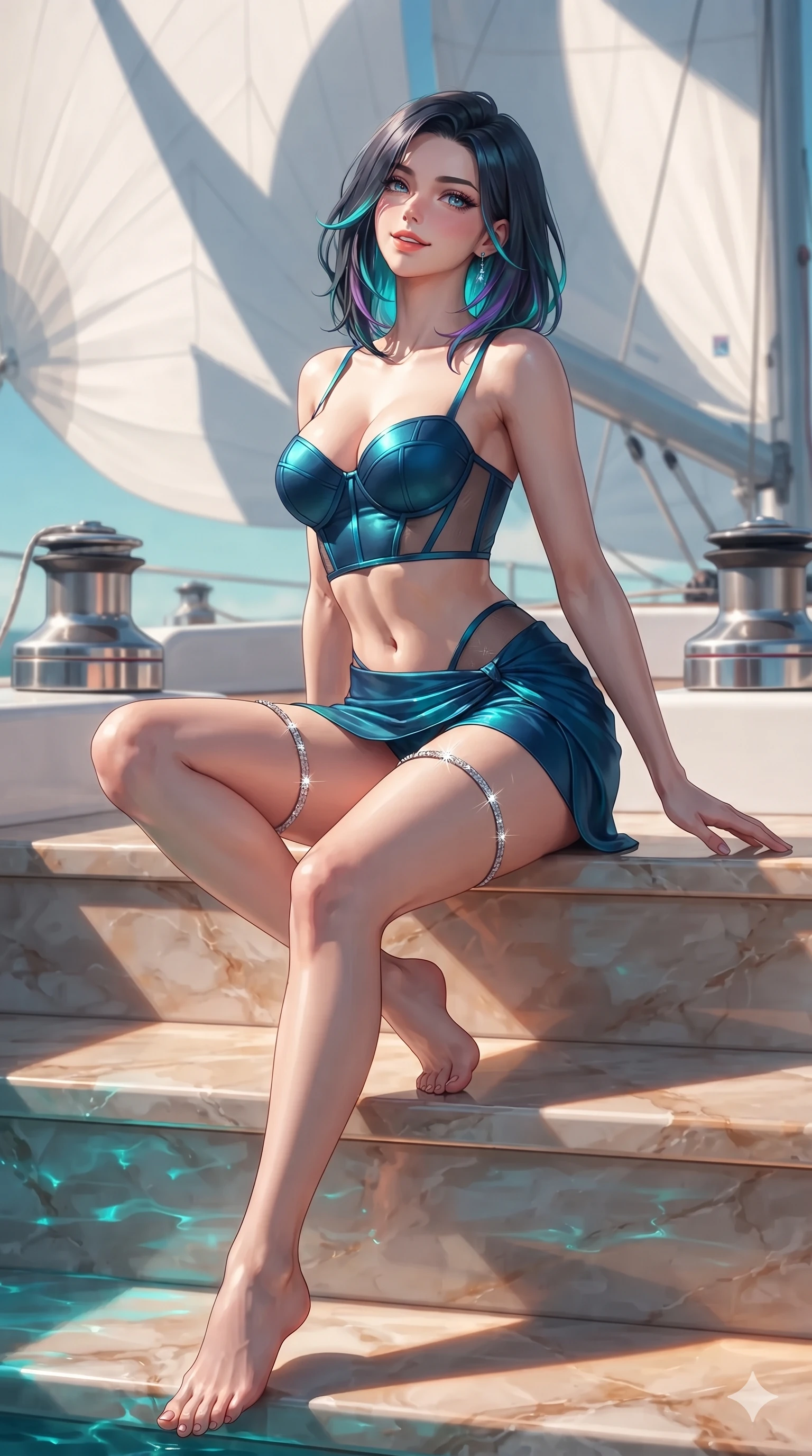 score_9, masterpiece, best quality, ultra-detailed, high-budget anime keyframe, editorial fashion photography, tasteful artistic composition, Caucasian woman. low angle full-body shot from head to toe showing her feet, filling the entire 9:16 vertical frame with her statuesque presence, stretching her vertical silhouette. sitting poised on the warm marble steps with one knee bent, arching her spine with supermodel elegance as she glances upward through thick eyelashes while twisting her slender torso in an alluring contrapposto stance beside the polished titanium halyard winches, billowing white spinnaker sails casting soft dynamic shadows across her curves. The background shows a soft-focus racing yacht halyard winches softened in high-seas nautical shallow focus. She has an absolutely perfect, statuesque 8.5-heads proportion, an exceptionally tall and slender model-like female figure with impossibly long slender legs, an ultra-slim waist, a flat toned midriff, narrow delicate ribcage, and beautifully sculpted feminine hips creating a graceful, slim hourglass silhouette without any bulky heaviness. sharp v-shaped jawline, high-bridge nose, sparkling eyes with hypnotic seductive depth, thick curled eyelashes, glossy parted lips with a natural dewy peach sheen, alluring bedroom-eyes with an enchanting coquettish smile, exuding magnetic siren charisma and sophisticated glamour, flawlessly proportioned anatomical accuracy, strict slender model proportions, natural body alignment, perfectly sculpted long slender limbs, ultra-slim waistline, clean dynamic posture without body distortion. wearing a structured underwire bikini bustier top paired with an ultra-short draped sarong wrap mini skirt in deep Capri grotto sapphire and glowing electric teal, featuring strategic sheer-illusion micro-mesh cutouts along her ribcage and hip flanks, finished with delicate crystal-encrusted thigh garter straps glinting in the sunlight, the form-contouring material adhering flawlessly to her sculpted flat midriff and slender torso, emphasizing her long leg lines and perfectly proportioned willowy build. illuminated by turquoise sea water reflection bounce and sharp golden-amber rim lights sculpting her razor-sharp jawline, narrow waist, and curvy hips. ultra-reflective glossy finish, specular highlights, rich textural contrasts, high-contrast stereoscopic depth, volumetric dynamic lighting, 2k, ultra detail, master piece, 9:16 ratio