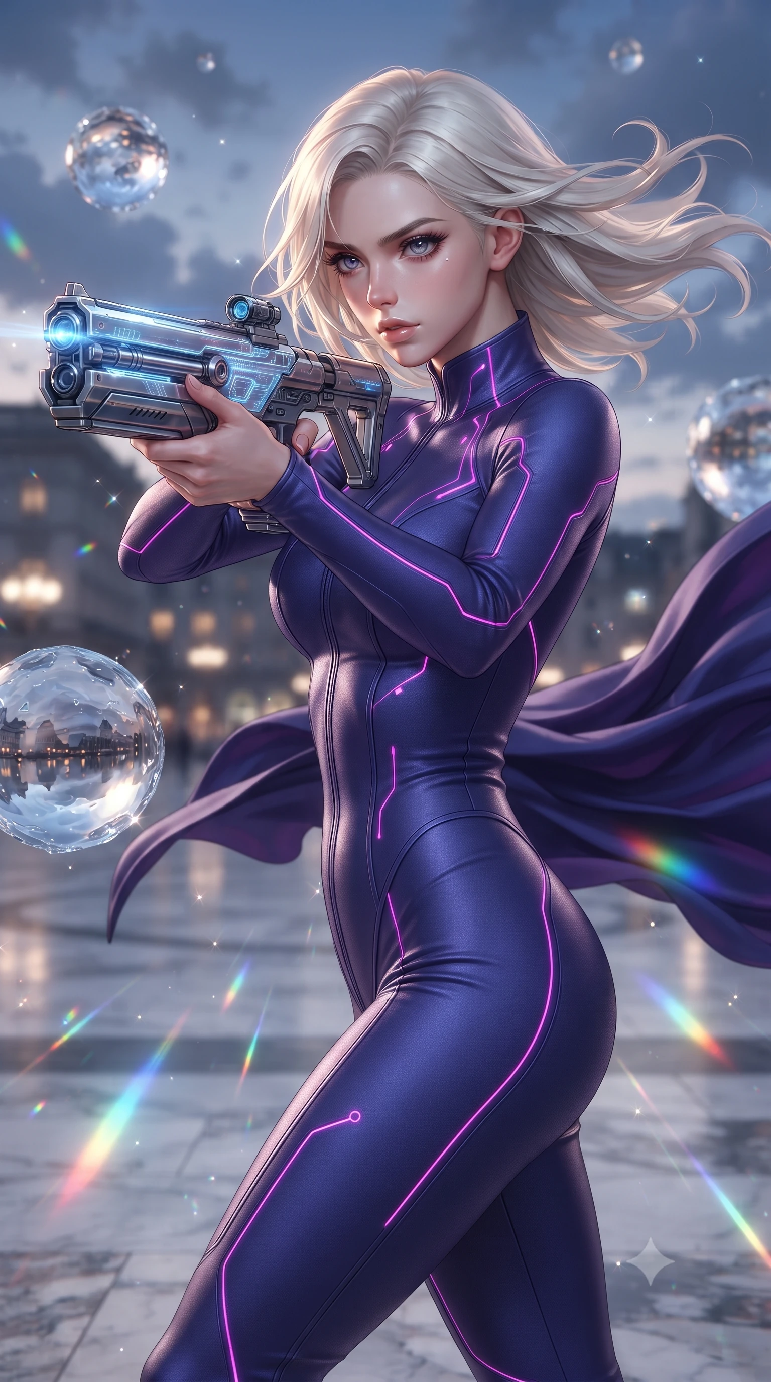 score_9, masterpiece, best quality, ultra-detailed, high-budget anime keyframe, editorial fashion photography, tasteful artistic composition, realistic cosplay photography, Caucasian woman, strictly human ears. close-up cowboy shot from the waist and thighs up, the character dominates the composition, filling the frame with her large presence, background elements kept in soft focus. Aiming a sleek holographic railgun with intense focused gaze and wind-blown hair. set against a soft-focus background of a city square where giant spheres of water float in the air, refracting the city lights and clouds. She has an exceptionally elegant and slender, willowy female figure with an ultra-slim waist, a gracefully sculpted slender torso, and a refined slim physique. sharp v-shaped jawline, high-bridge nose, intricate jewel-like eyes with depth, thick eyelashes, glossy lips with a natural sheen. wearing the lightweight fabric rippling and billowing dramatically with her movement, a tailored form-contouring catsuit in deep indigo with integrated neon magenta circuit traces, featuring a sleek high collar. sparkling rainbow flares from the water spheres illuminating the marble floor. ultra-reflective glossy finish, specular highlights, metallic sheen, high-contrast stereoscopic depth, volumetric dynamic lighting, 2k, ultra detail, master piece, 9:16 ratio