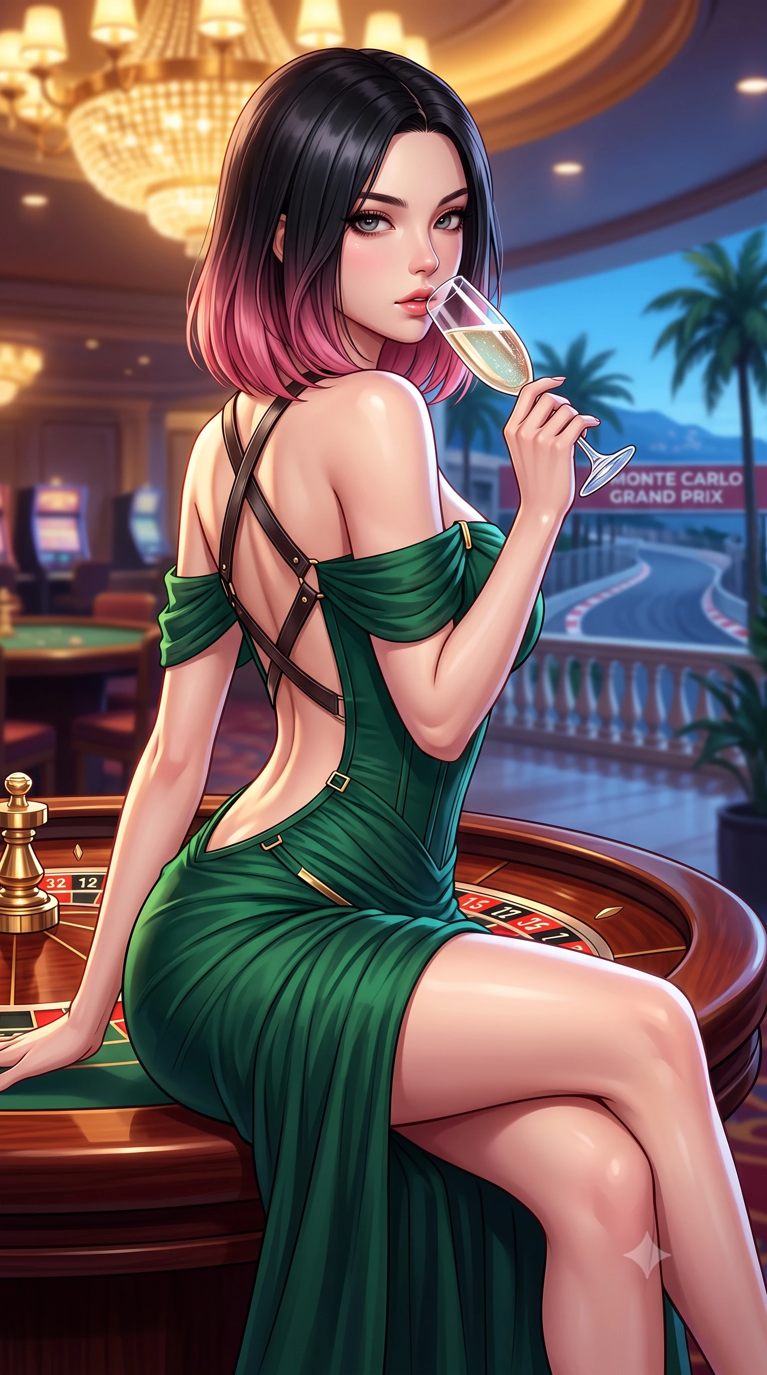 score_9, masterpiece, best quality, ultra-detailed, high-budget anime keyframe, semi-realistic 3D game render, editorial fashion photography, tasteful artistic composition, Korean woman. close-up cowboy shot from the waist and thighs up, the character dominates the composition, filling the frame with her large presence. leaning back with relaxed seductive grace, her sculpted collarbones and narrow waist highlighted as she casts smoldering bedroom-eyes directly into the camera while perching on the rim of a luxury mahogany roulette table with legs crossed, arching her lower back while holding a crystal champagne flute to her lips. The composition keeps background elements in soft focus with creamy bokeh. grand prix circuit barriers and terrace palm trees softened in glamorous shallow focus. She has an exceptionally elegant, slender, and willowy female figure with an ultra-slim waist, a gracefully sculpted slender torso, toned flat midriff, and rounded feminine hips creating an alluring hourglass silhouette. sharp v-shaped jawline, high-bridge nose, intricate jewel-like eyes with depth, thick eyelashes, glossy parted lips with a natural sheen, intensely captivating and seductive bedroom-eyes expression, flawlessly proportioned anatomical accuracy, strict slender model proportions, natural body alignment, perfectly sculpted long slender limbs, ultra-slim waistline, clean dynamic posture without body distortion. wearing a statuesque off-shoulder evening dress with a boned corset bodice and bodycon silhouette in deep emerald green and polished gold hardware, woven from layered gossamer chiffon with a weightless sweeping drape, featuring an open-back criss-cross harness strap in dark leather, the precision-cut side openings and low-back scoop framing her graceful spine and the sensual sweep of her hips. bathed in opulent golden casino chandelier light and cool Mediterranean twilight ambient fill. highly saturated vibrant anime colors, detailed shading with soft gradients, rich glossy textures, high-contrast stereoscopic depth, volumetric dynamic lighting, master piece, 9:16 ratio