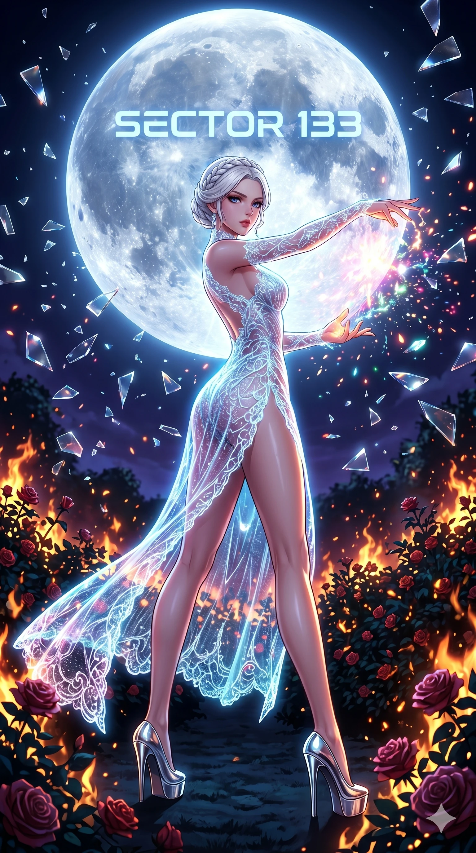 score_9, masterpiece, best quality, ultra-detailed, Set A: High-budget Anime Keyframe, Japanese woman. Low angle cowboy shot filling the entire 9:16 frame with her statuesque presence. Casting a spell through a burning rose garden, with a massive holographic moon rising behind her marked as sector 133 and surrounded by shattered glass fragments. She has an absolutely perfect 8-heads proportion, an exceptionally tall and slender female figure with impossibly long slender legs and an ultra-slim waist. Sharp v-shaped jawline, high-bridge nose, intricate jewel-like eyes with depth, thick eyelashes, glossy lips with a natural sheen. Wearing Glowing fiber-optic lace dress with a deep side slit and chrome heels. Cinematic lighting, vibrant colors, dramatic shadows, 2k, ultra detail, master piece, 9:16 ratio