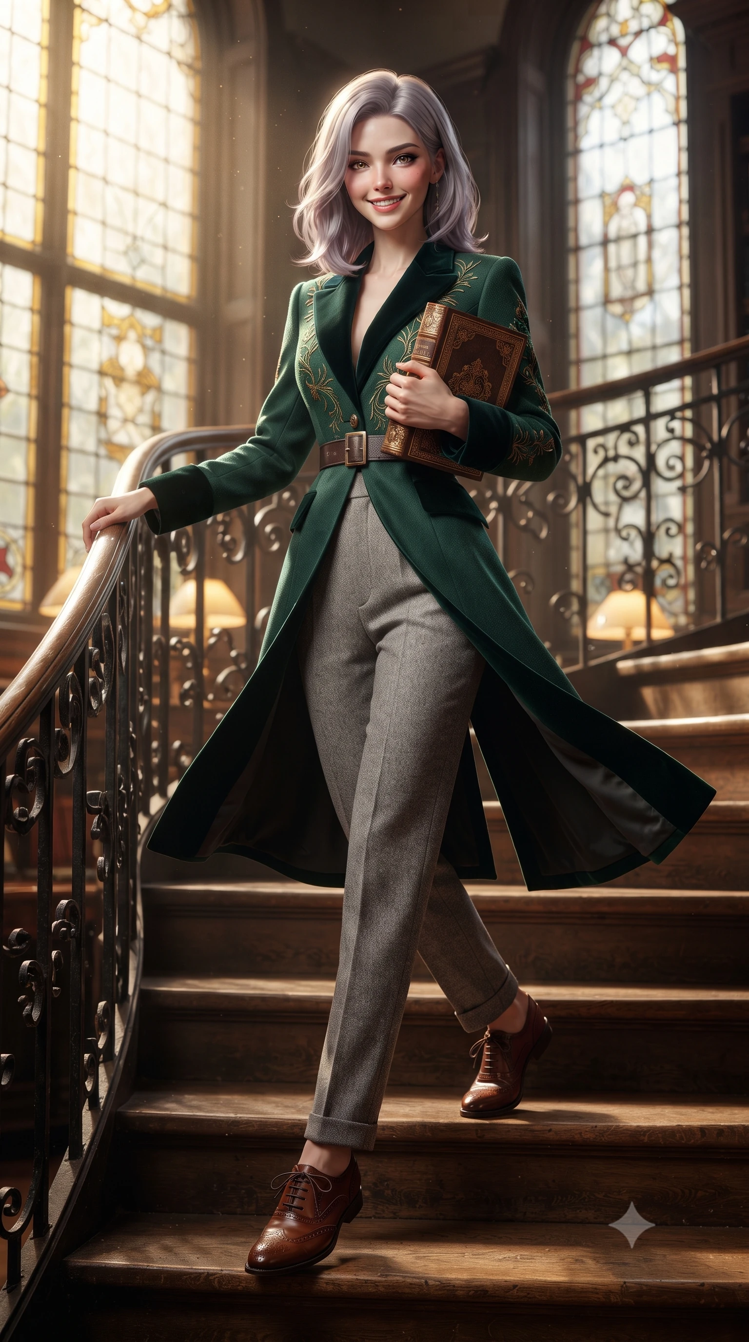 score_9, masterpiece, best quality, ultra-detailed, high-budget anime keyframe, editorial fashion photography, tasteful artistic composition, Caucasian woman. low angle full-body shot from head to toe showing her feet, filling the entire 9:16 vertical frame with her statuesque presence, stretching her vertical silhouette. stepping forward gracefully in mid-motion with a radiant beaming smile, her long tailored coat fluttering around her slender legs while leaning poised against the spiral iron library stairs, holding an antique volume to her chest with refined scholar charm. The background shows a soft-focus tall leaded stained glass windows softened in contemplative academic grandeur shallow focus. She has an exceptionally tall and slender model-like 8.5-heads proportion, an ultra-slim waist, a flat toned midriff, narrow delicate ribcage, and beautifully sculpted feminine hips creating a graceful, slim hourglass silhouette without any bulky heaviness, with impossibly long slender legs. sharp v-shaped jawline, high-bridge nose, intricate jewel-like sparkling eyes with depth, thick eyelashes, glossy parted lips with a natural peach sheen, bright cheerful beaming smile with an enchanting and coquettish sensual glint, exuding both youthful cute charm and seductive allure, flawlessly proportioned anatomical accuracy, strict slender model proportions, natural body alignment, perfectly sculpted long slender limbs, ultra-slim waistline, clean dynamic posture without body distortion. wearing a retro Art Deco embroidered wool blazer with velvet lapels paired with high-waisted pressed trousers in St. Moritz pine forest emerald and heather grey, woven from plush alpaca yarn with a cloud-like fuzzy texture and soft halo, complemented by classic polished leather oxfords with brogue perforations, the structured cinched belt emphasizing her narrow waistline and gracefully balanced proportions with timeless haute-couture polish. bathed in luminous golden afternoon sunlight slanting through tall gothic lancet windows mixed with warm brass desk lamp glows. ultra-reflective glossy finish, specular highlights, rich textural contrasts, high-contrast stereoscopic depth, volumetric dynamic lighting, 2k, ultra detail, master piece, 9:16 ratio