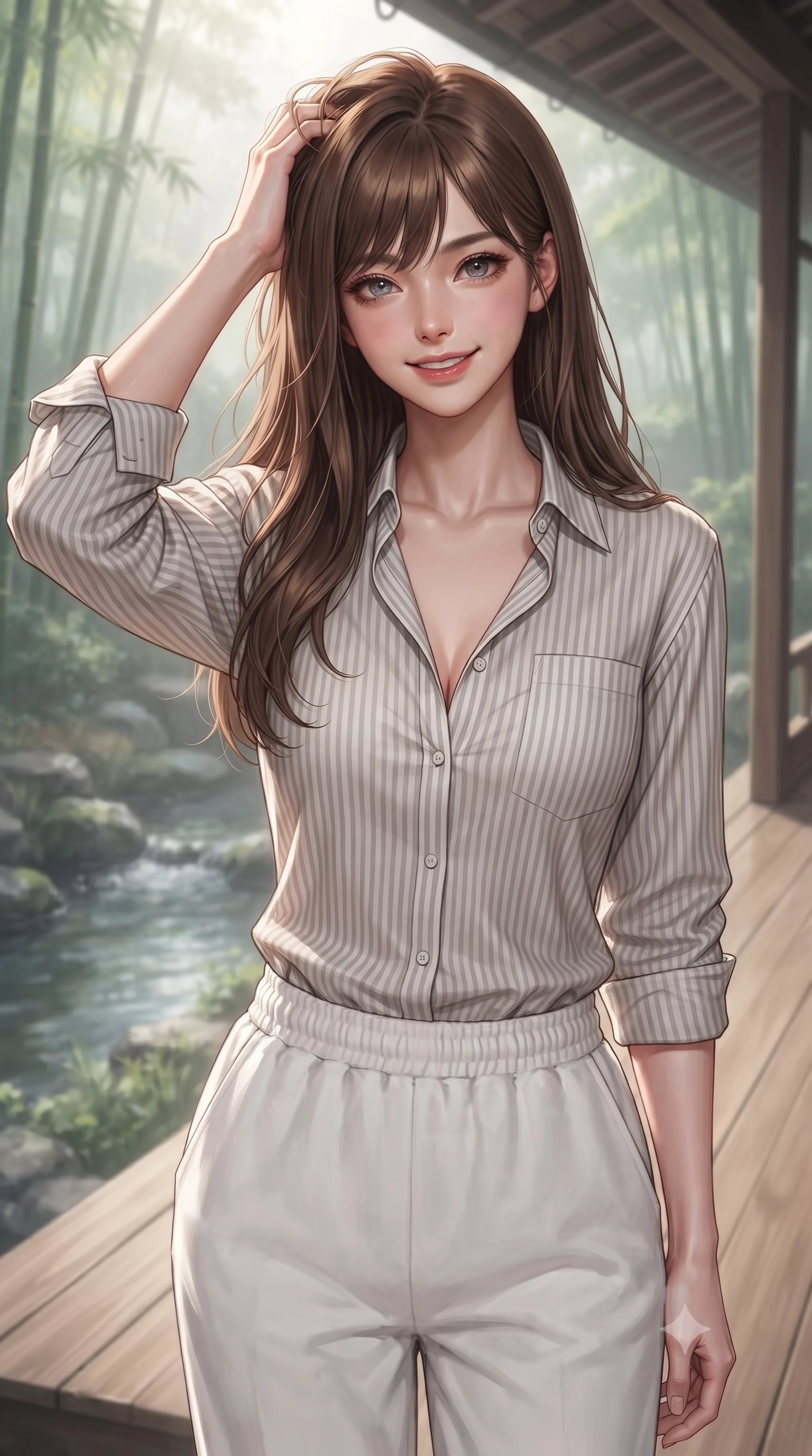 score_9, masterpiece, best quality, ultra-detailed, high-budget anime keyframe, editorial fashion photography, tasteful artistic composition, Korean woman woman. close-up cowboy shot from the waist and thighs up, the character dominates the composition, filling the frame with her large presence, background elements kept in soft focus. smiling with quiet, magnetic self-assurance directly into the camera, running a hand through her hair the background shows a soft-focus a wooden deck of a traditional Japanese inn overlooking a quiet stream and bamboo grove. She has an exceptionally elegant, slender, and willowy female figure with an ultra-slim waist, a gracefully sculpted slender torso, and a refined silhouette. sharp v-shaped jawline, high-bridge nose, intricate jewel-like eyes with depth, thick eyelashes, glossy lips with a natural sheen. wearing a body-hugging soft striped linen button-down shirt paired with relaxed-fit white cotton lounge pants. soft morning mist diffusing the sunlight, creating a tranquil atmosphere. ultra-reflective glossy finish, specular highlights, metallic sheen, high-contrast stereoscopic depth, volumetric dynamic lighting, 2k, ultra detail, master piece, 9:16 ratio
