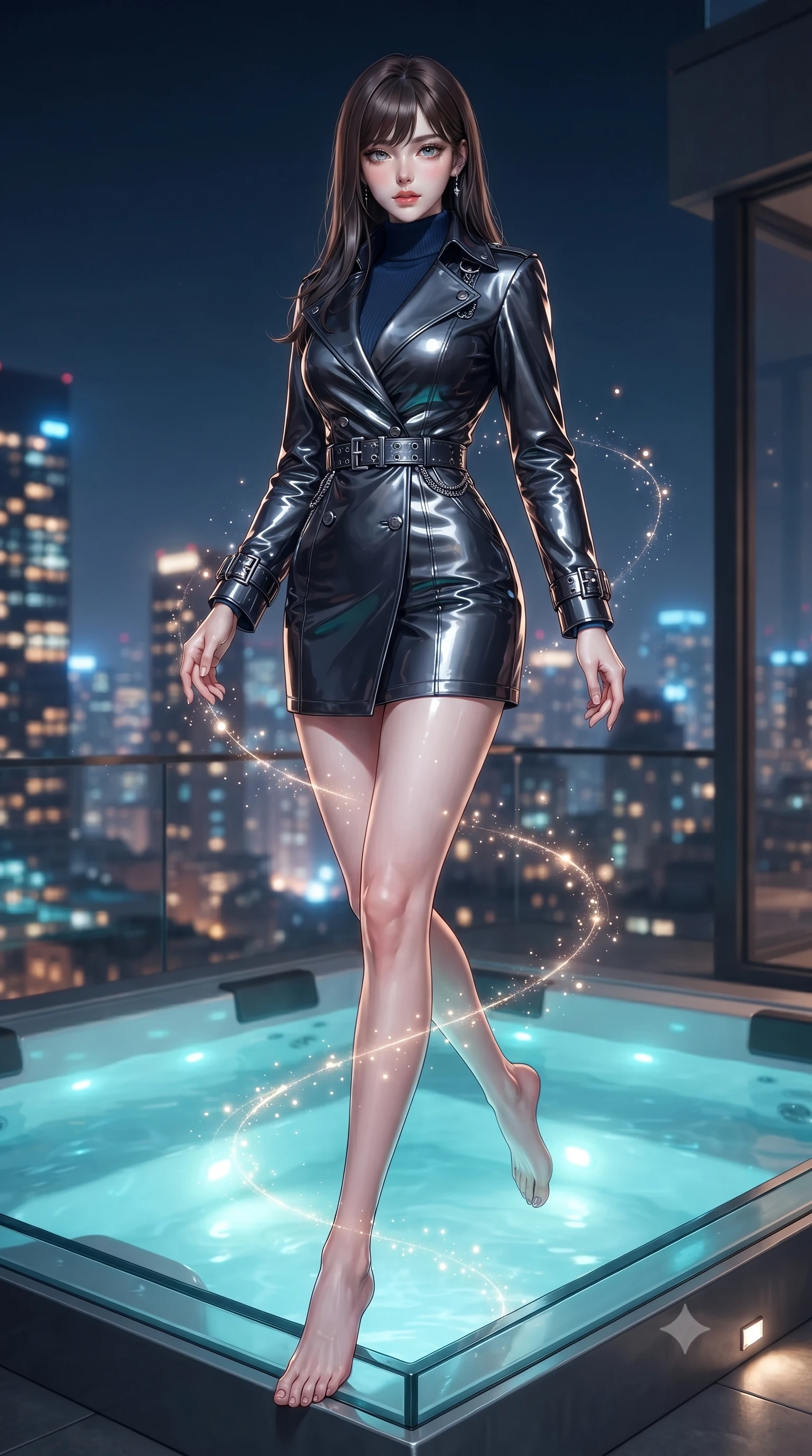 score_9, masterpiece, best quality, ultra-detailed, high-budget anime keyframe, editorial fashion photography, tasteful artistic composition, Korean woman. low angle full-body shot from head to toe showing her feet, filling the entire 9:16 vertical frame with her statuesque presence, stretching her vertical silhouette. interacting with glowing light particles, her long slender legs poised in motion, poised at the edge of a lighted glass hot tub looking over a 2 AM metropolis, distant skyscraper lights forming soft amber and blue bokeh in the background. She has an absolutely perfect, statuesque 8.5-heads proportion, an exceptionally tall and slender model-like female figure with impossibly long slender legs and an ultra-slim waist. sharp v-shaped jawline, high-bridge nose, intricate jewel-like eyes with depth, thick eyelashes, glossy lips with a natural sheen. wearing structured charcoal trench dress over sleek turtleneck in midnight navy blue, made of high-gloss liquid vinyl, framed by dark titanium buckles and silver chain details, following her slender form with tailored precision. illuminated by glowing aqua LED jacuzzi lights and distant city skyglow. ultra-reflective glossy finish, specular highlights, metallic sheen, high-contrast stereoscopic depth, volumetric dynamic lighting, 2k, ultra detail, master piece, 9:16 ratio