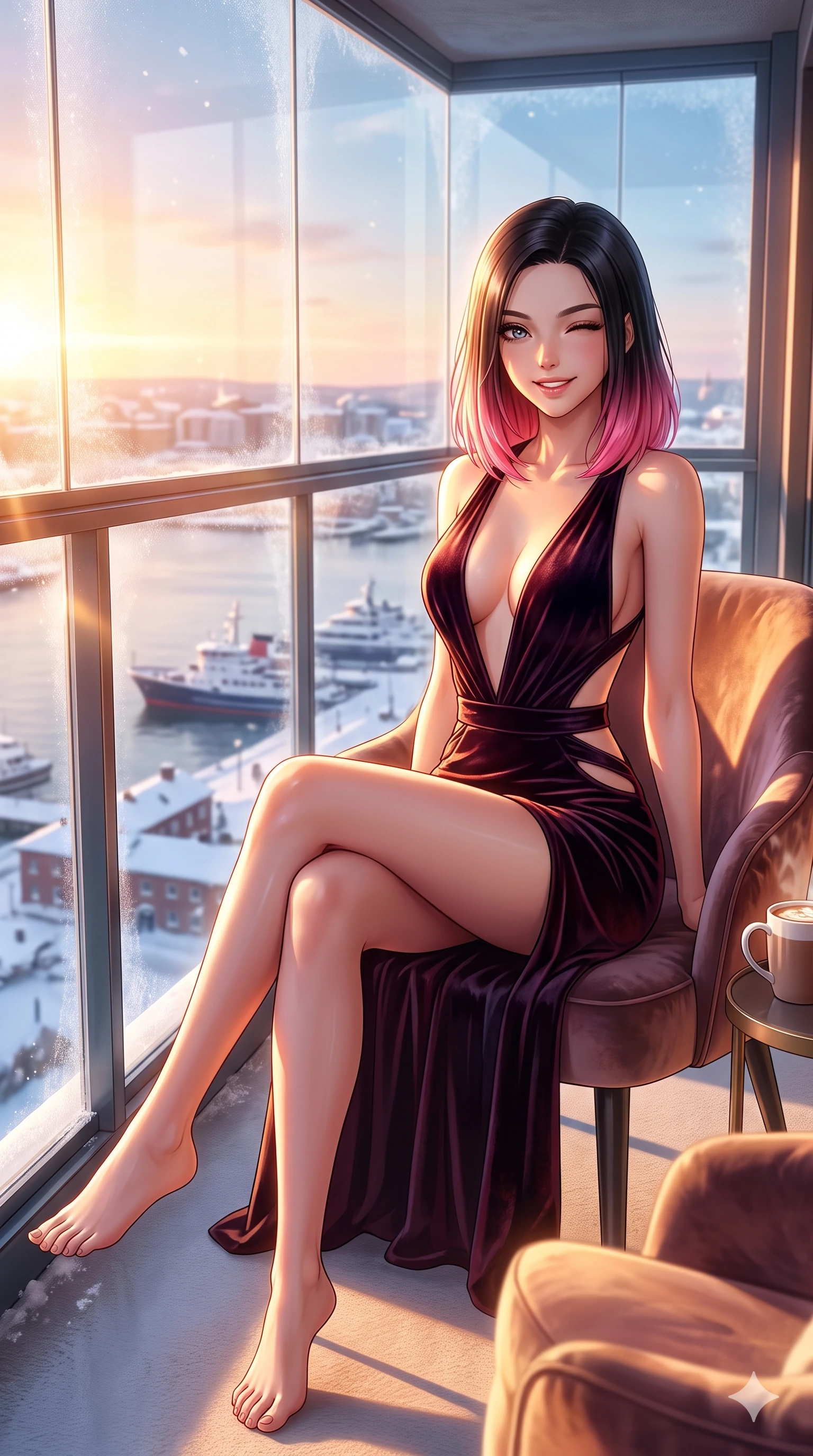 score_9, masterpiece, best quality, ultra-detailed, high-budget anime keyframe, vibrant anime aesthetic, Korean woman. cowboy shot from the thighs up, character and outfit filling the frame for maximum presence. She is sitting in a sunlit chair, winking with a cheerful and sensual winter smile on a glass-walled balcony showing a snowy harbor (Code-P21-105). She has an absolutely perfect 8-heads proportion, an exceptionally tall and slender female figure with impossibly long slender legs and an ultra-slim waist. V-shaped jawline, high-bridge nose, intricate jewel-like eyes with depth, thick eyelashes, glossy lips with a natural sheen. wearing a plunging neckline dress with side cutouts in velvet. She is bathed in warm golden hour winter sunset light, casting long shadows across her form. 2k, ultra detail, master piece, 9:16 ratio