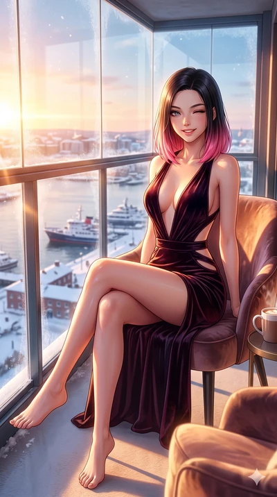 score_9, masterpiece, best quality, ultra-detailed, high-budget anime keyframe, vibrant anime aesthetic, Korean woman. cowboy shot from the thighs up, character and outfit filling the frame for maximum presence. She is sitting in a sunlit chair, wink