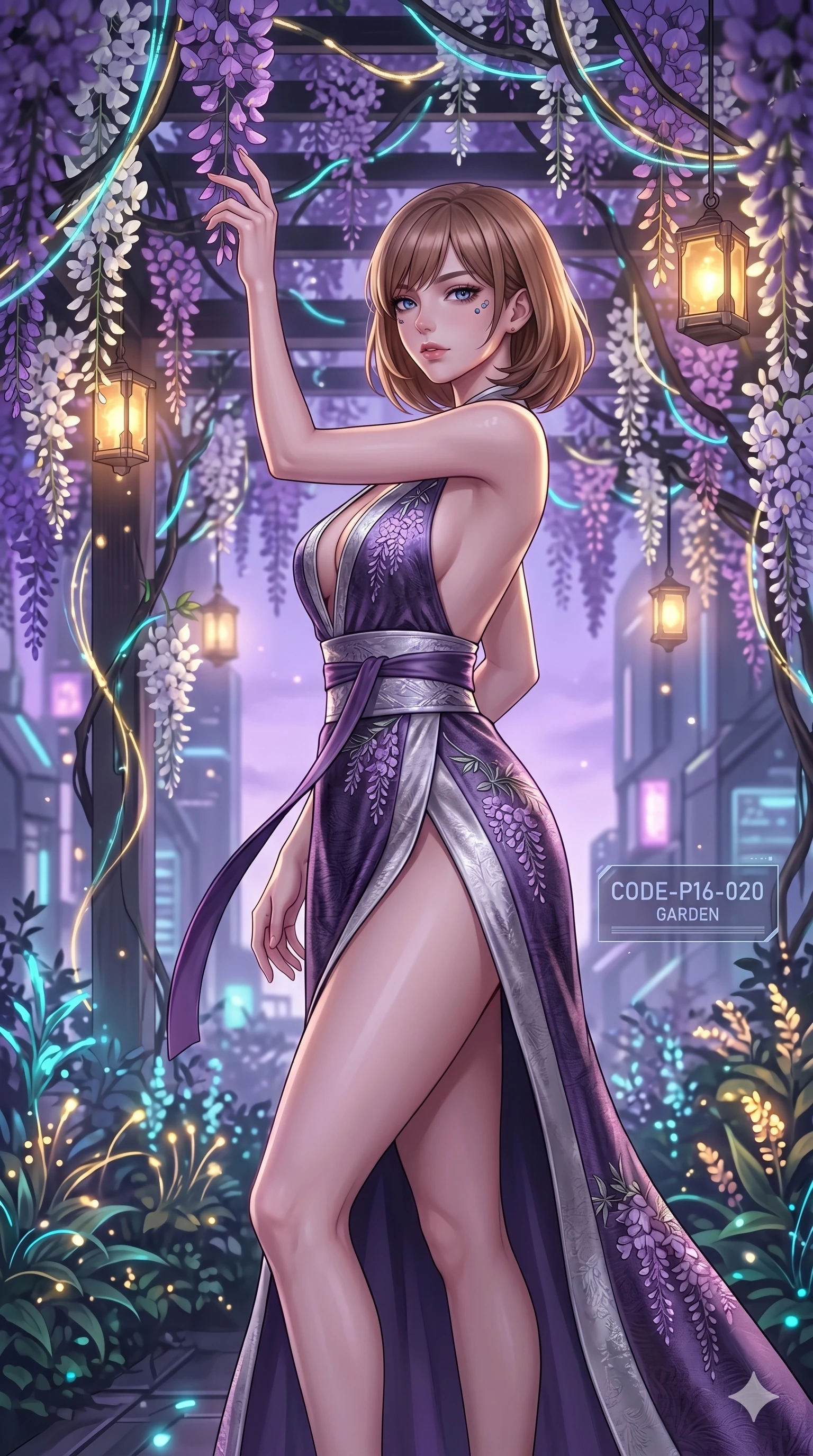 score_9, masterpiece, best quality, ultra-detailed, high-budget anime keyframe, editorial fashion photography, tasteful artistic composition, Caucasian woman, strictly human ears. cowboy shot from the thighs up, character and outfit filling the frame for maximum editorial presence. reaching up to touch a wisteria blossom, looking over her shoulder with a magnetic, sultry gaze standing under a blooming wisteria trellis in a cyber-garden (Code-P16-020). She has an absolutely perfect 8-heads proportion, an exceptionally tall and slender female figure with impossibly long slender legs and an ultra-slim waist. V-shaped jawline, high-bridge nose, intricate jewel-like eyes with depth, thick eyelashes, glossy lips with a natural sheen. wearing a modern fusion silk hanbok dress with a plunging neck and high-slit wrap skirt. soft purple twilight glow mixed with warm lantern light, tracing her jawline and eyelashes. 2k, ultra detail, master piece, 9:16 ratio