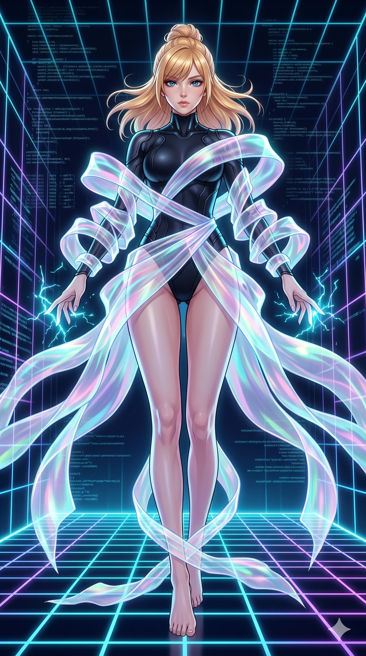 score_9, masterpiece, best quality, ultra-detailed, high-budget anime keyframe, editorial fashion photography, tasteful artistic composition, Caucasian woman, strictly human ears. low angle full-body shot from head to toe showing her feet, filling the entire 9:16 vertical frame with her statuesque presence, stretching her vertical silhouette. descending from in a digital matrix void where the floor and walls are neon gridlines while sparks of electric cyan light crackle around her fingertips. She has an absolutely perfect 8-heads proportion, an exceptionally tall and slender female figure with impossibly long slender legs and an ultra-slim waist. V-shaped jawline, high-bridge nose, intricate jewel-like eyes with depth, thick eyelashes, glossy lips with a natural sheen.. wearing a cybernetic bodysuit with a holographic ribbon, featuring a sculpted sleek black performance bodysuit wrapped in a translucent flowing holographic organza ribbon. enhanced by a luminous pastel spectrum glow, casting elegant rim lights on her shoulders and jawline. 2k, ultra detail, master piece, 9:16 ratio